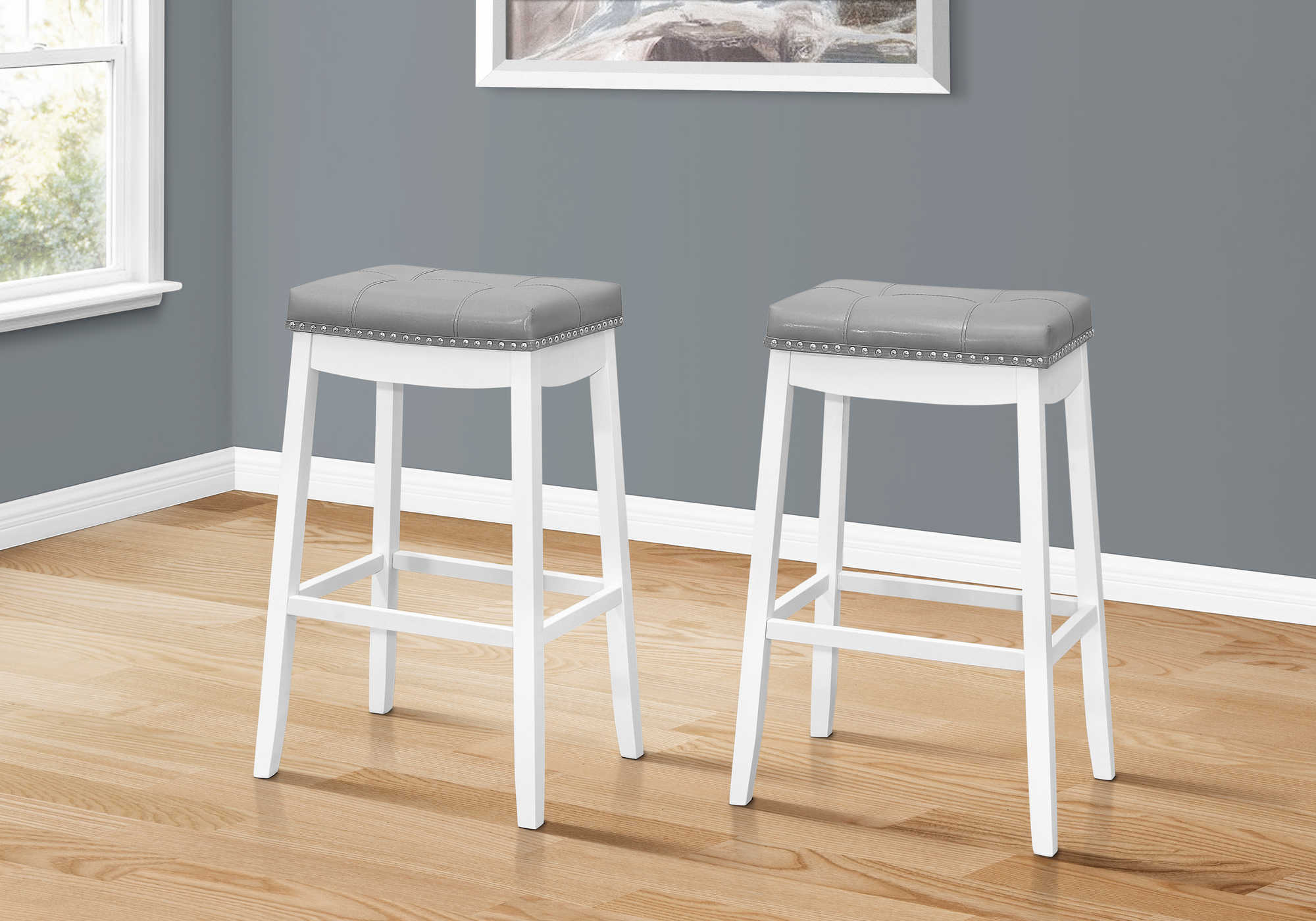 BARSTOOL - 2PCS / 29"H / GREY LEATHER-LOOK / WHITE 