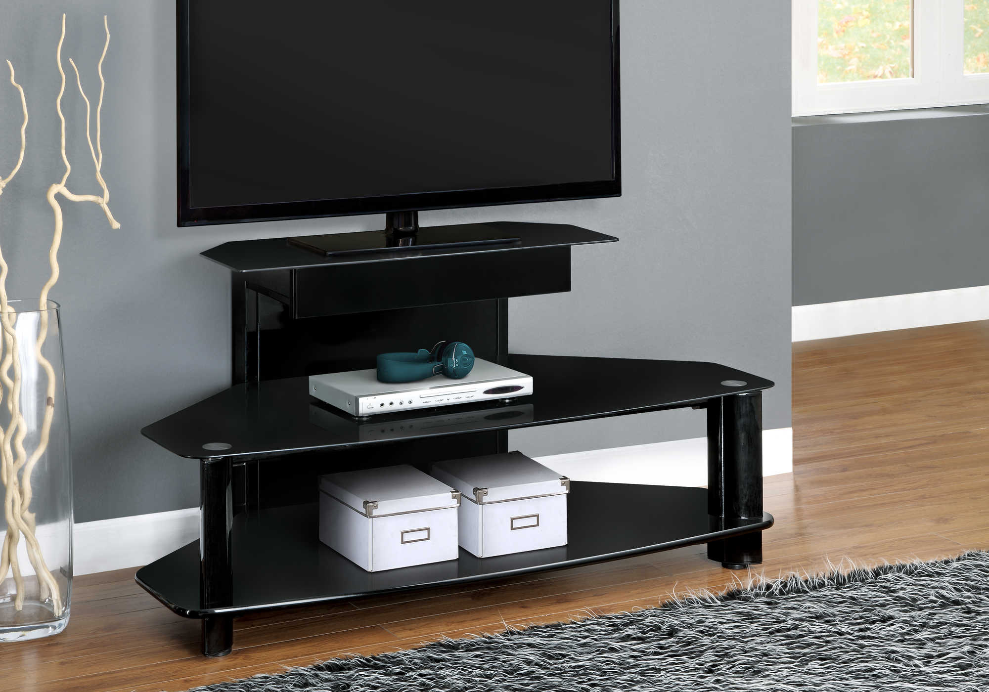 TV STAND - 48"L / GLOSSY BLACK WOOD / METAL / TEMPERED