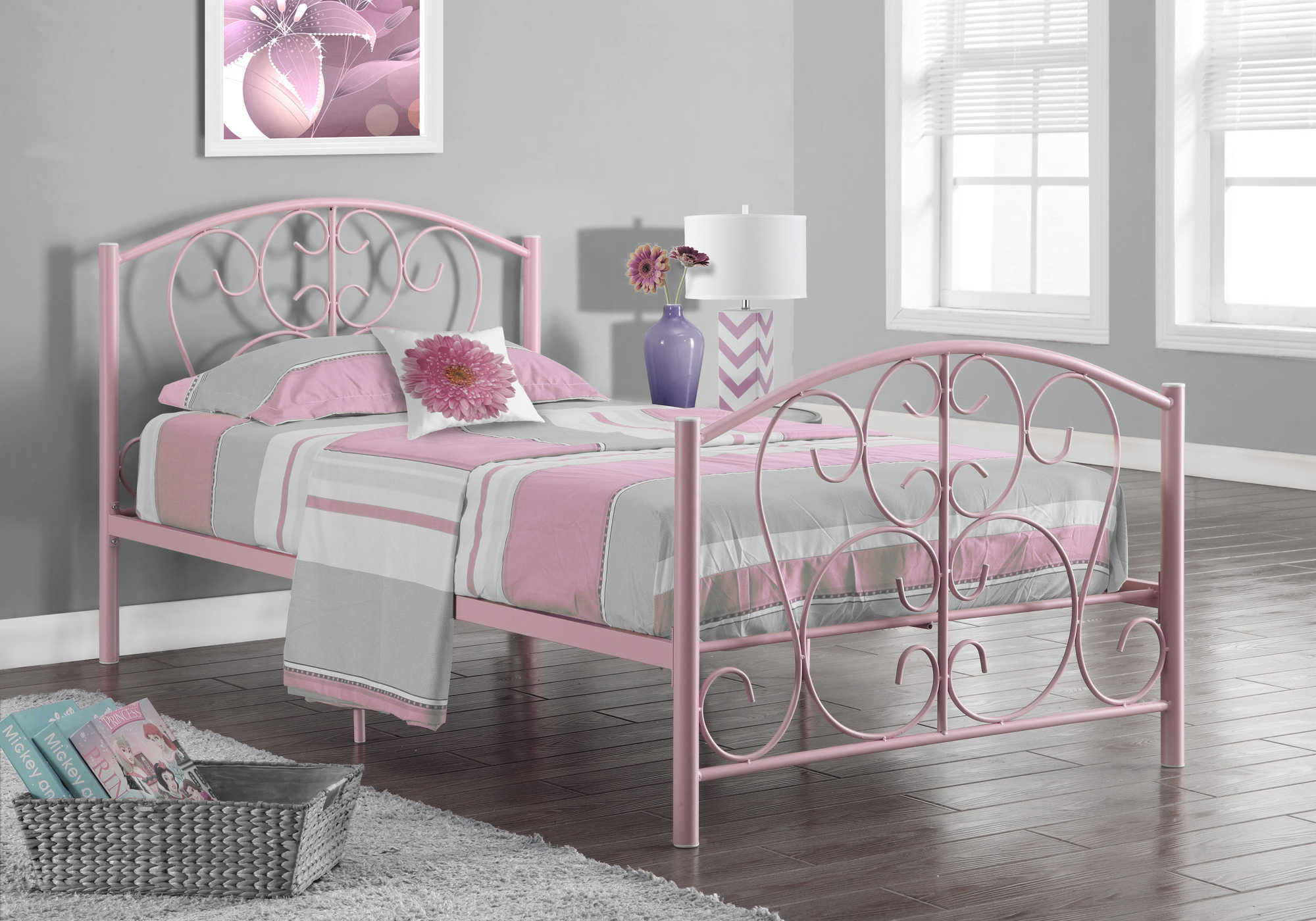BED - TWIN SIZE / PINK METAL FRAME ONLY