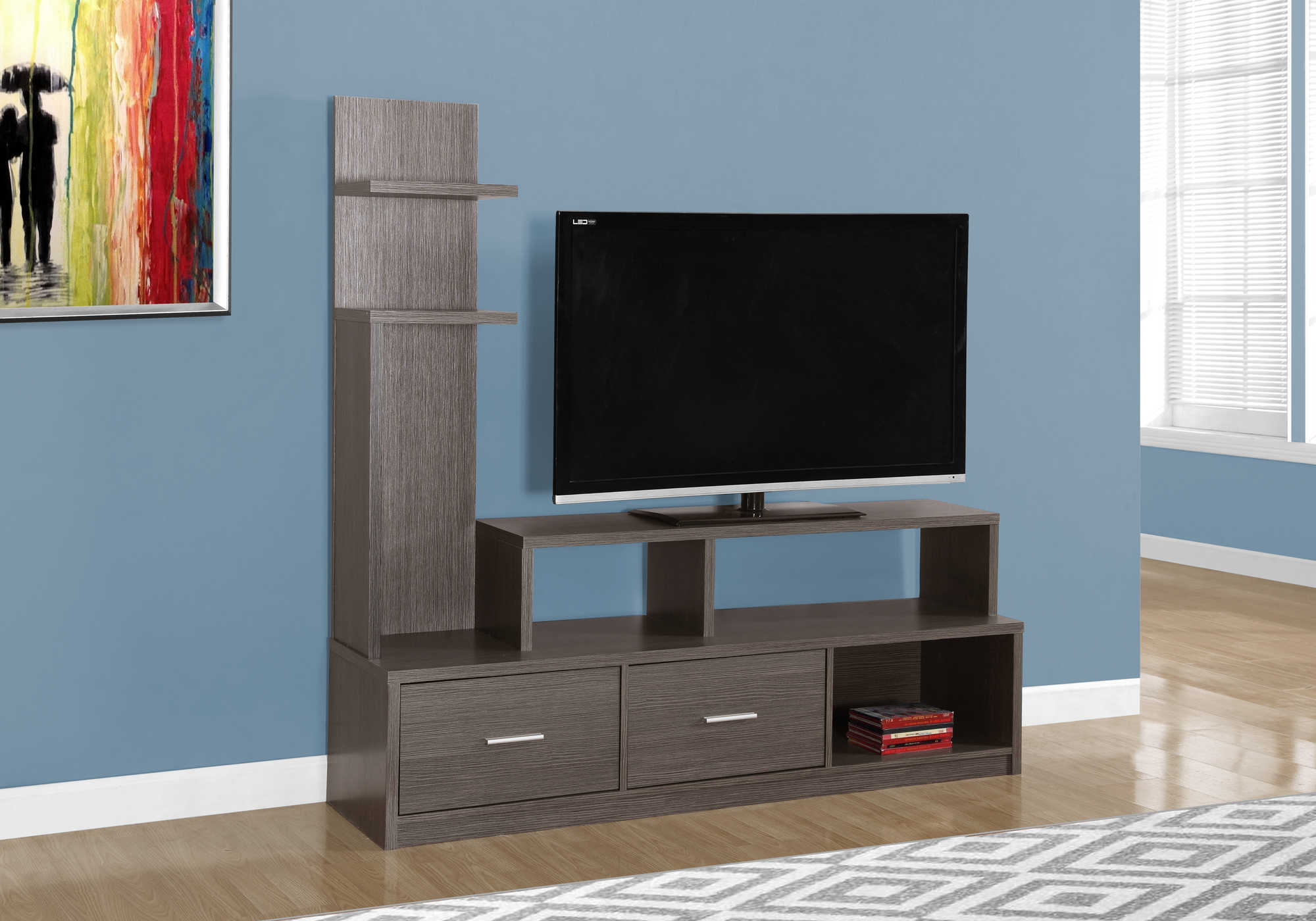 TV STAND - 60"L / GREY WITH A DISPLAY TOWER
