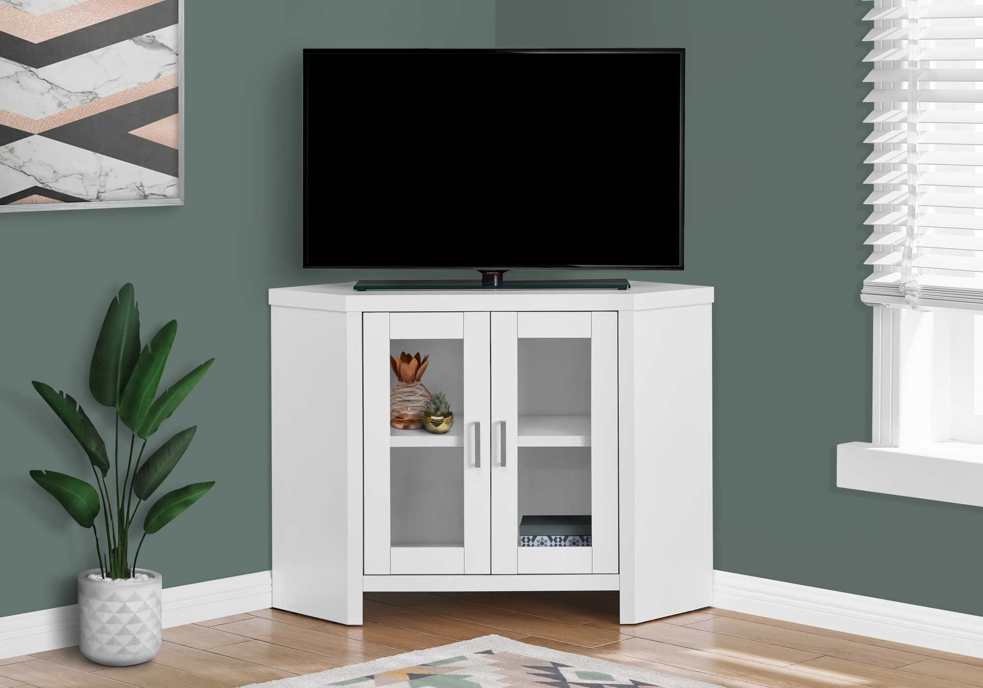 TV STAND - 42"L / WHITE CORNER WITH GLASS DOORS