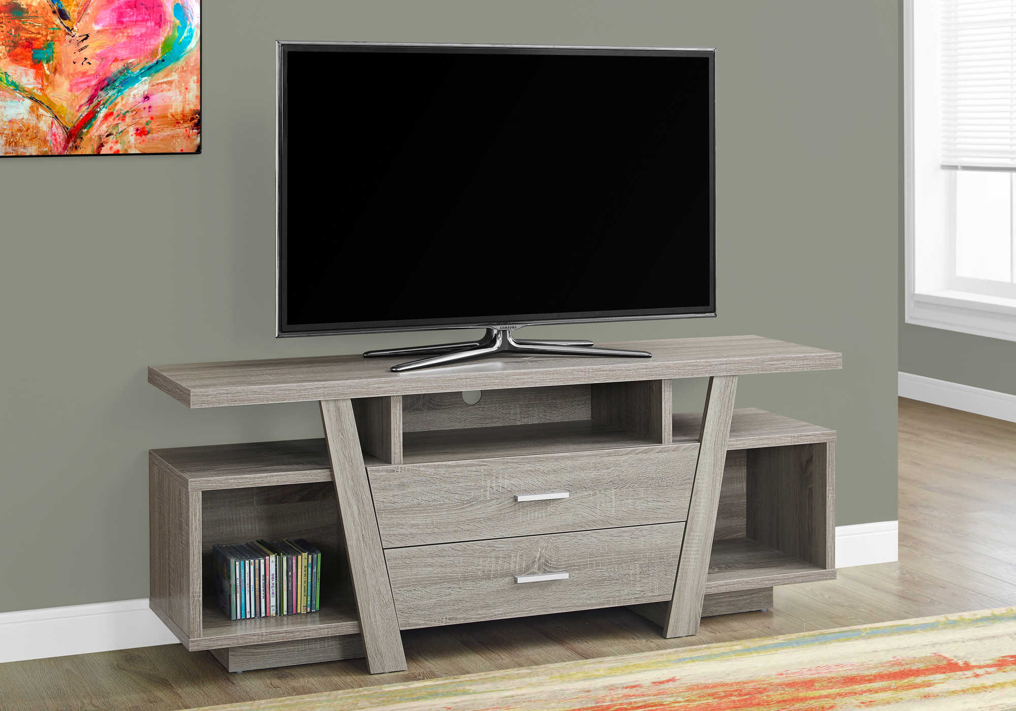 TV STAND - 60"L / DARK TAUPE WITH 2 STORAGE DRAWERS