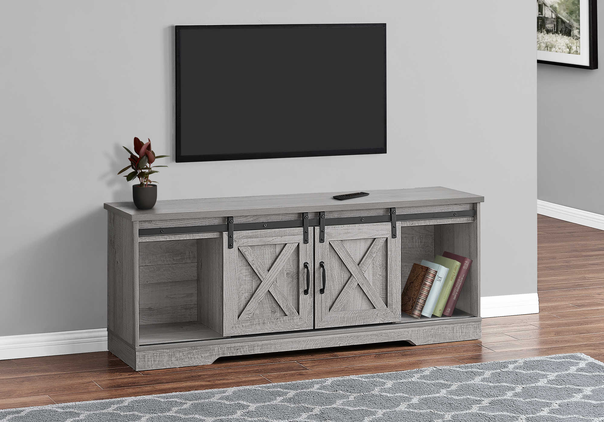TV STAND - 60"L / GREY WITH 2 SLIDING DOORS
