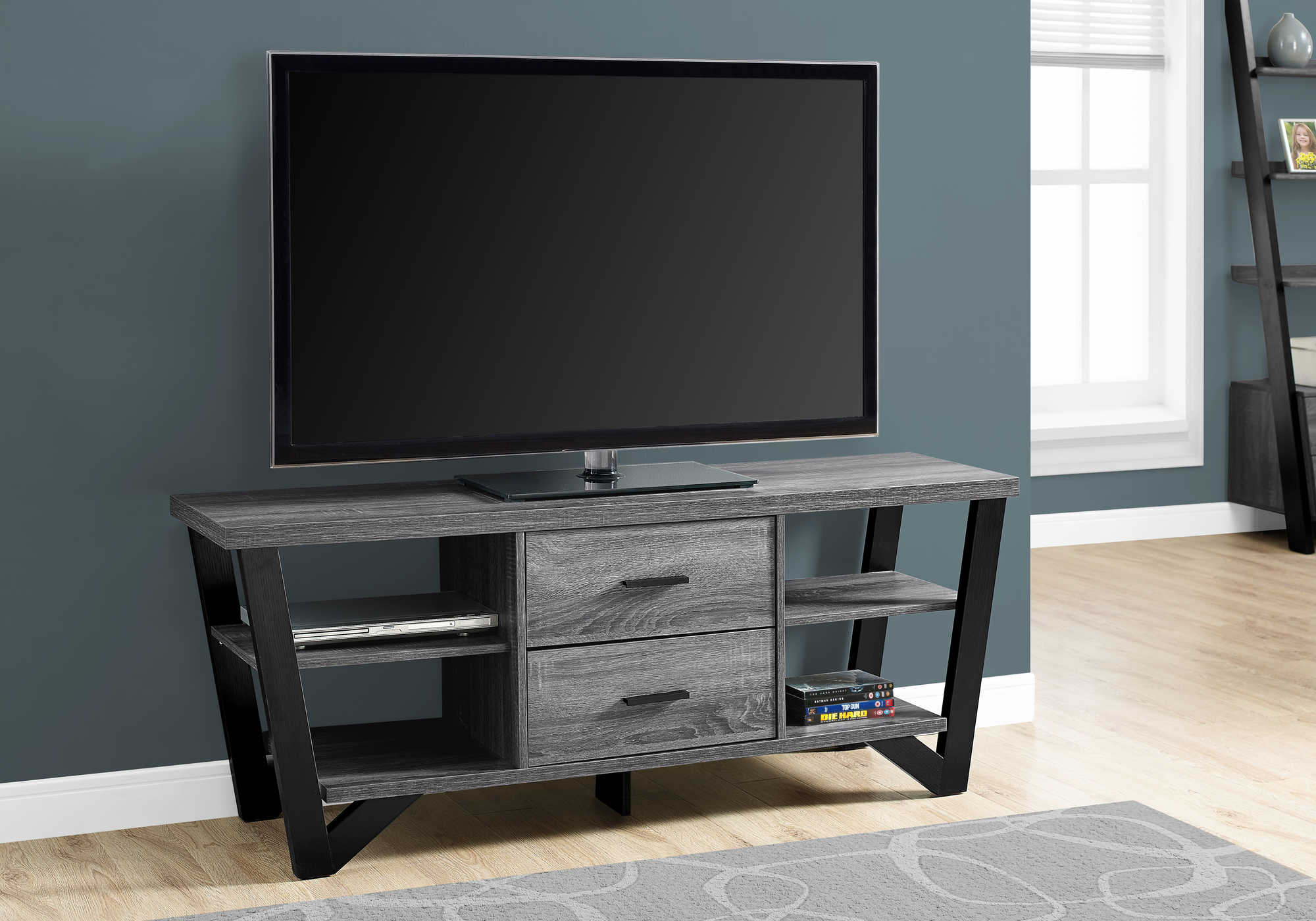 TV STAND - 60"L / GREY-BLACK WITH 2 STORAGE DRAWERS