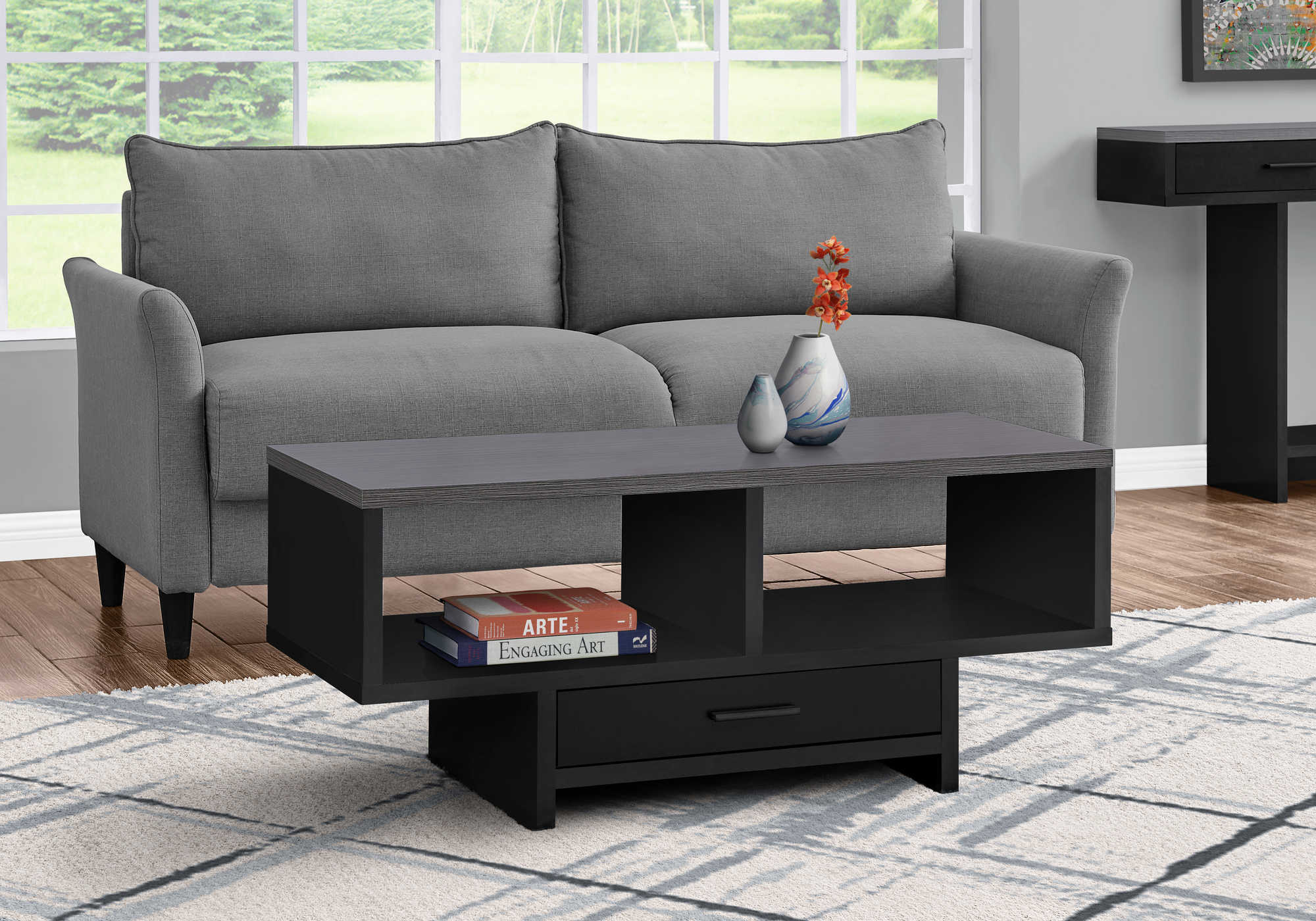 COFFEE TABLE - BLACK / GREY TOP WITH STORAGE