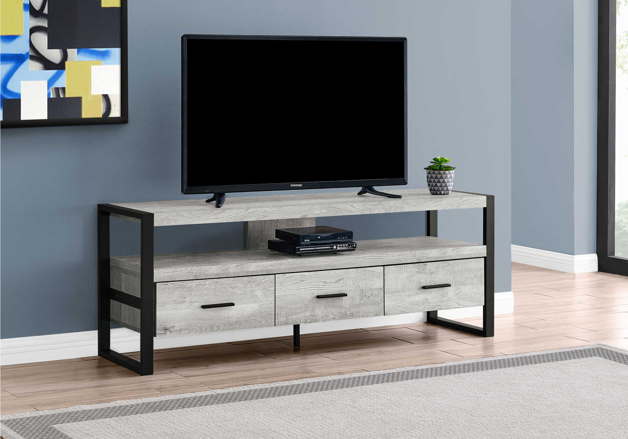 TV STAND - 60"L / GREY RECLAIMED WOOD-LOOK / 3 DRAWERS