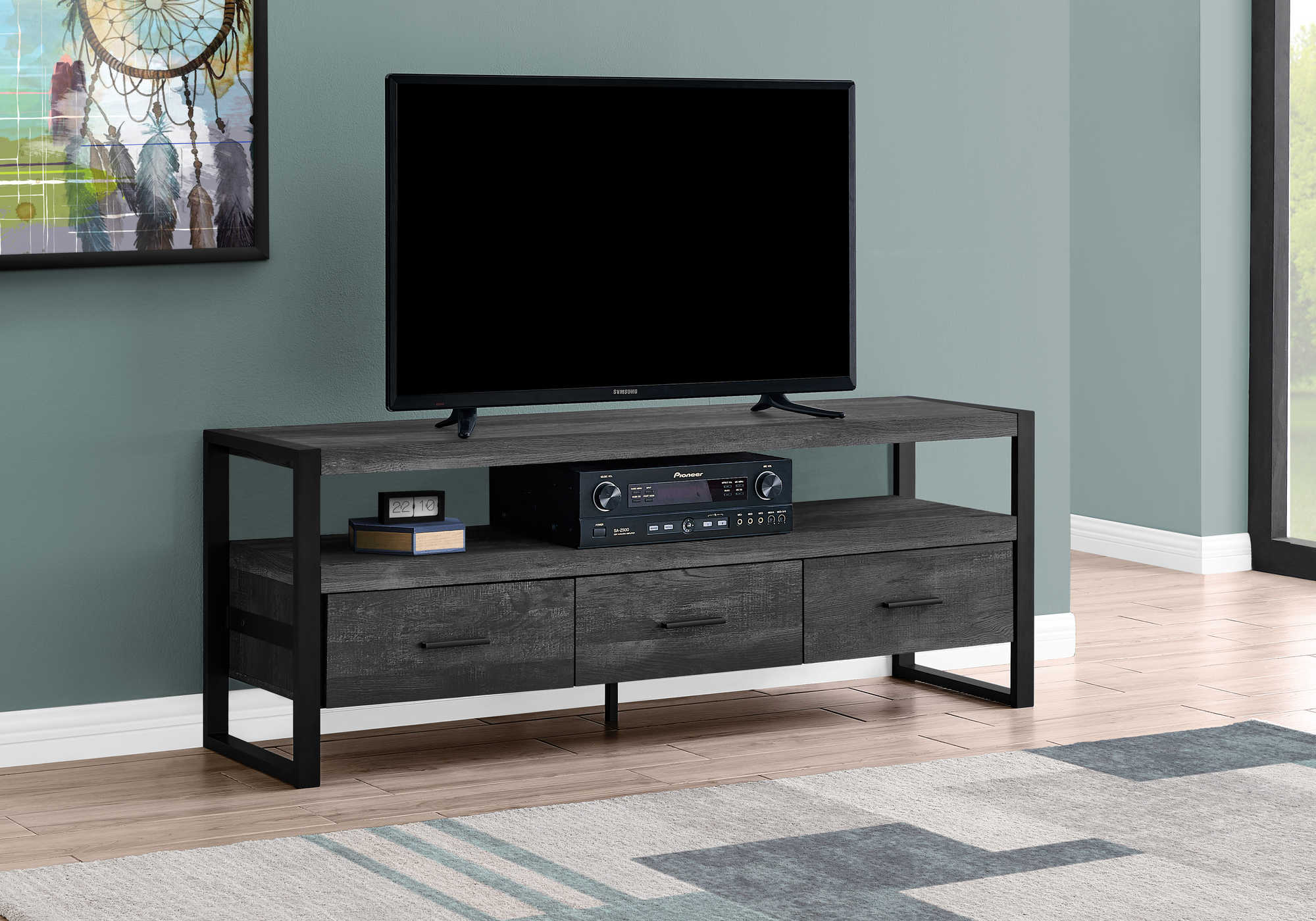 TV STAND - 60"L / BLACK RECLAIMED WOOD-LOOK / 3 DRAWERS