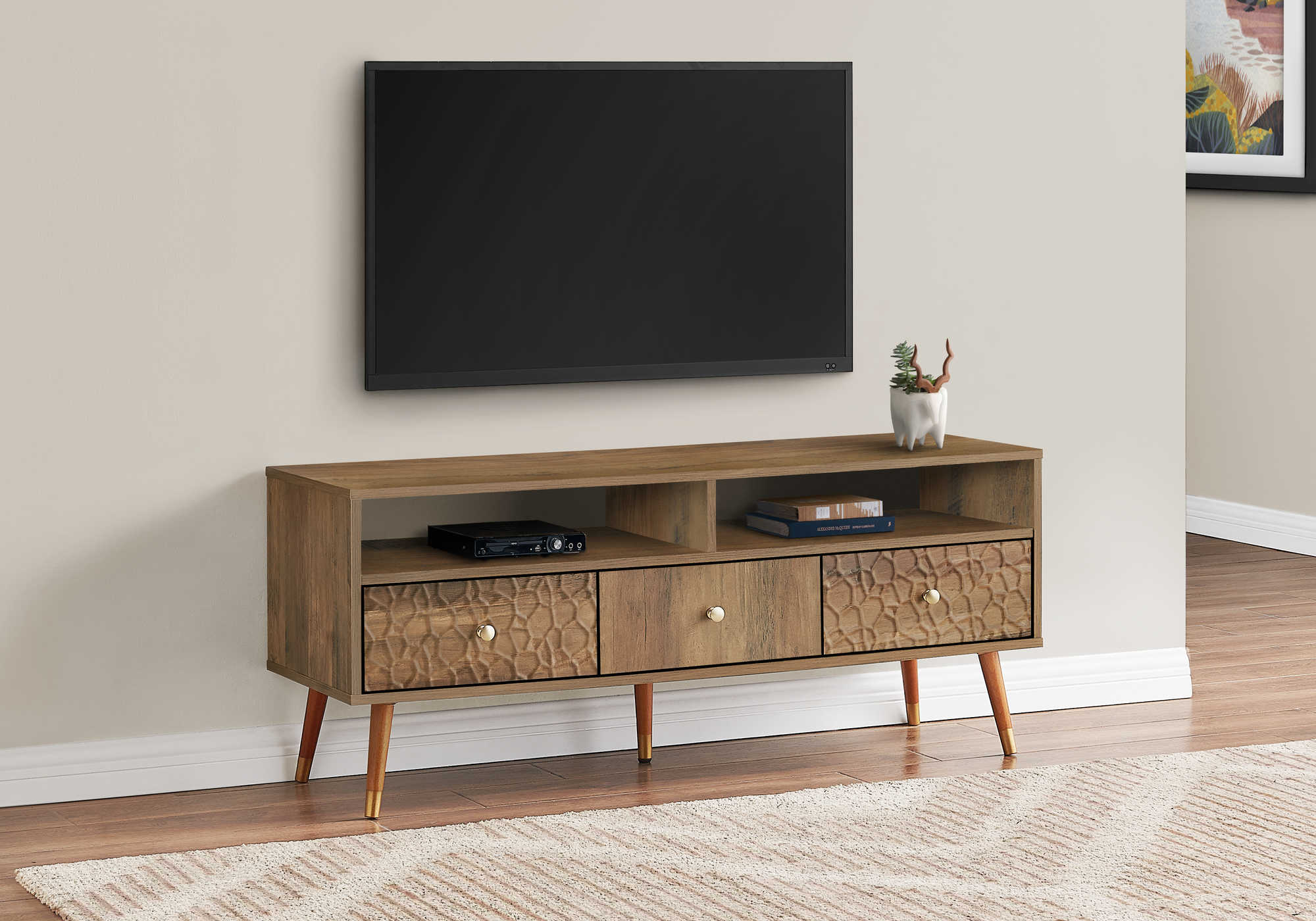 TV STAND - 48"L / WALNUT MID-CENTURY WITH 3 DRAWERS