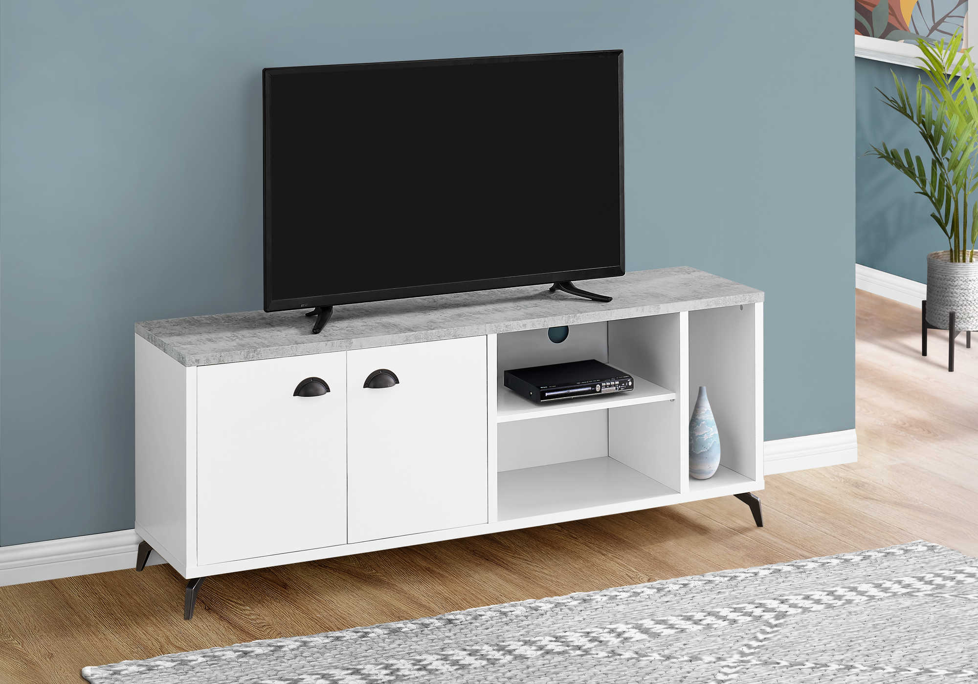TV STAND - 60"L / WHITE / GREY CEMENT-LOOK TOP