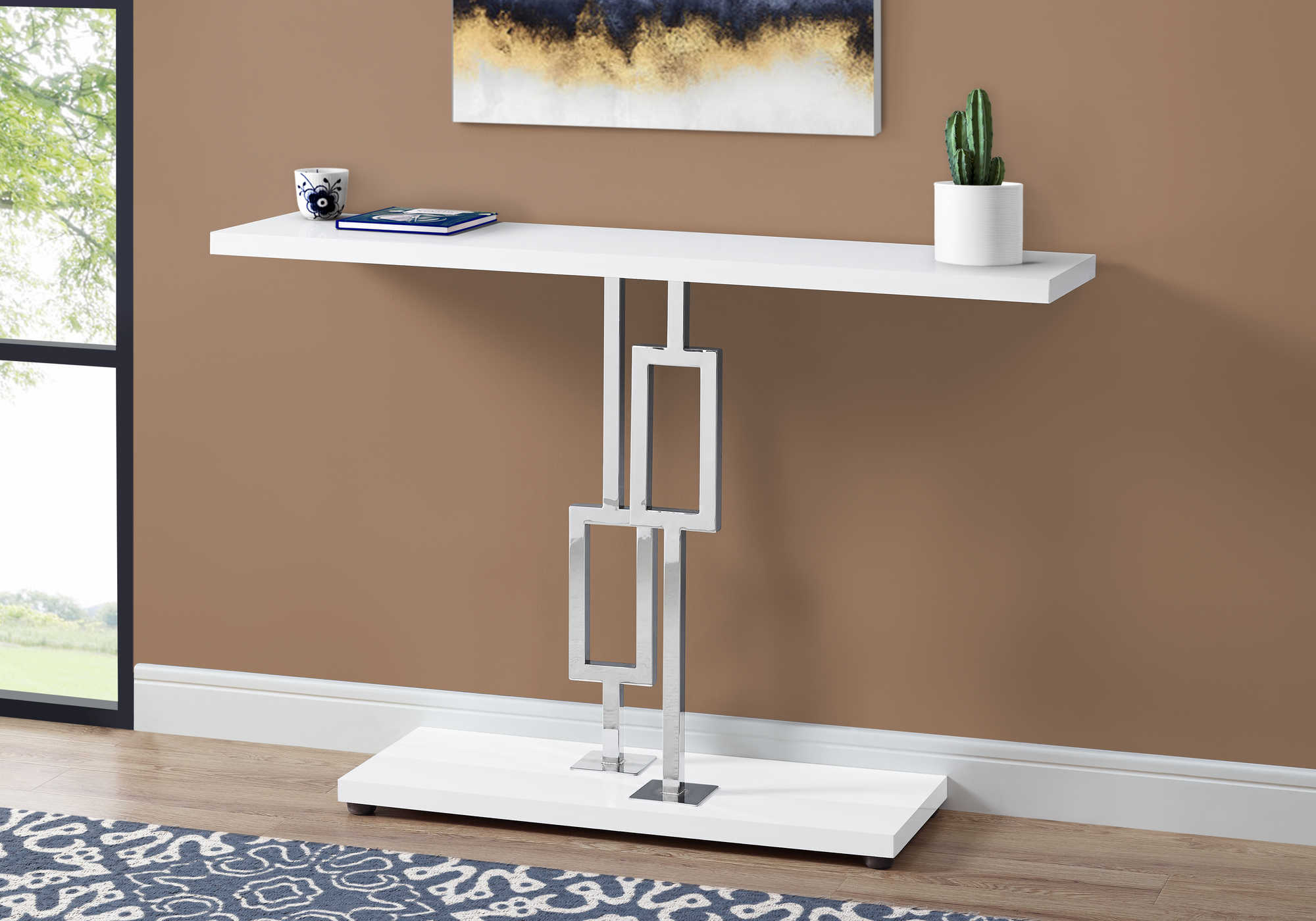ACCENT TABLE - 48"L / GLOSSY WHITE / CHROME METAL