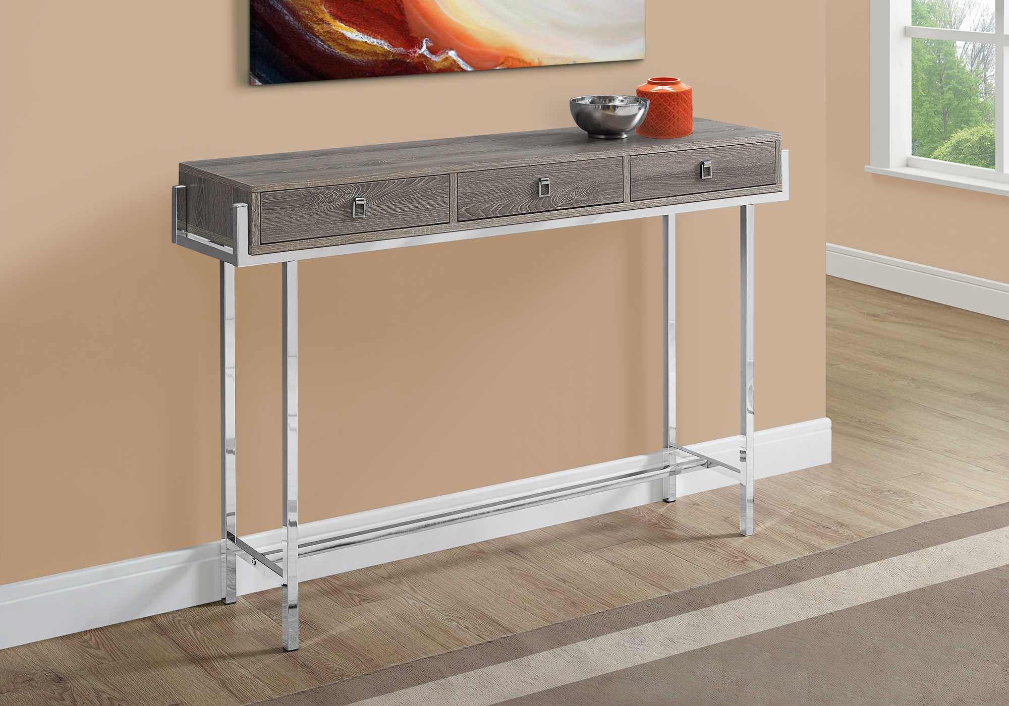 ACCENT TABLE - 48"L / DARK TAUPE / CHROME METAL