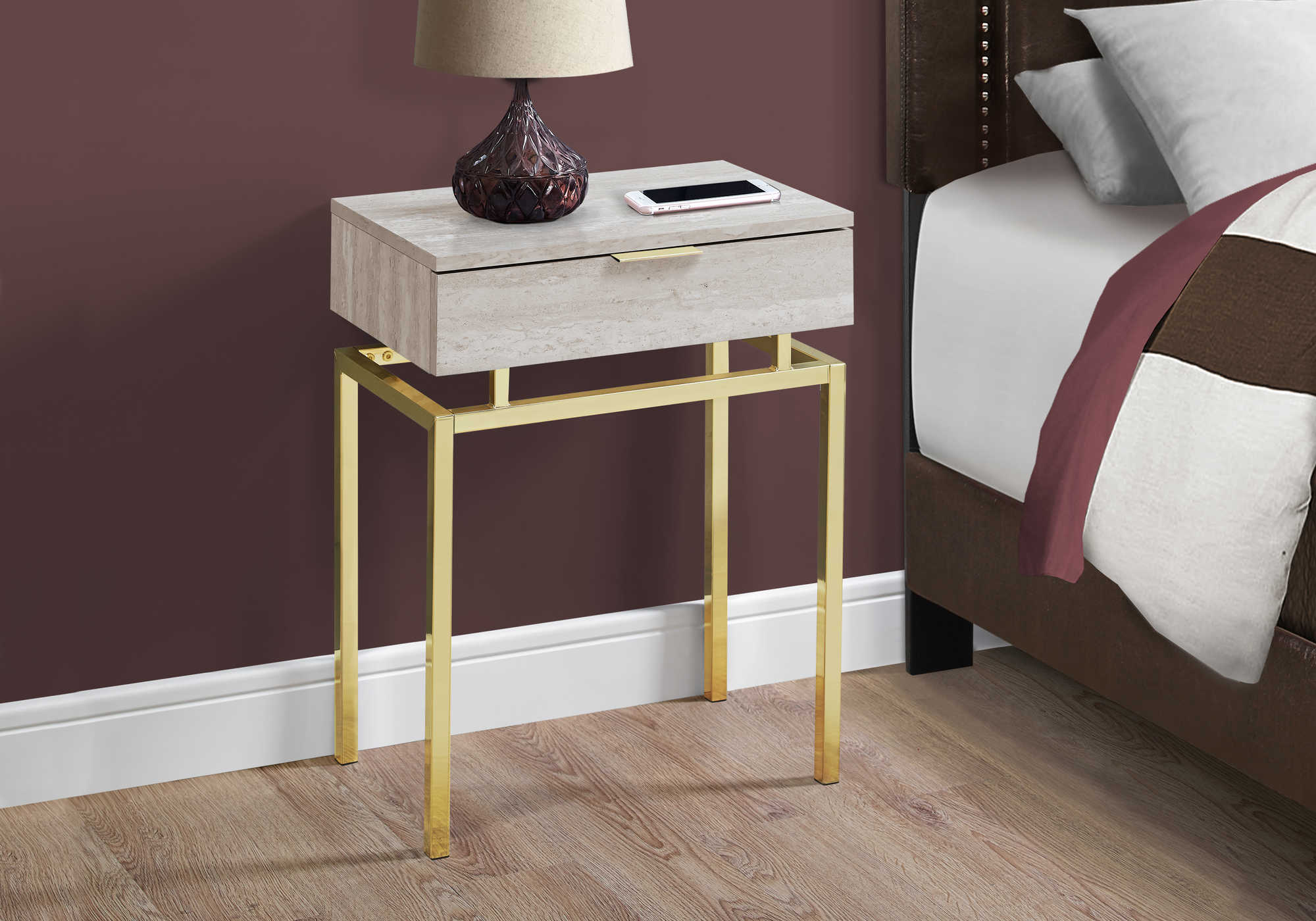 NIGHT STAND - 24"H / BEIGE MARBLE / GOLD METAL 