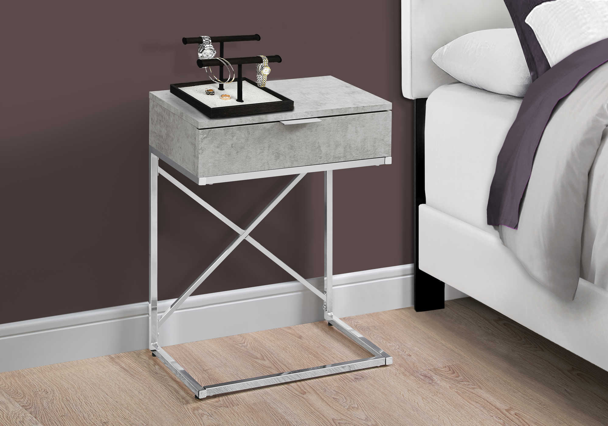 NIGHT STAND - 24"H / GREY CEMENT / CHROME METAL 