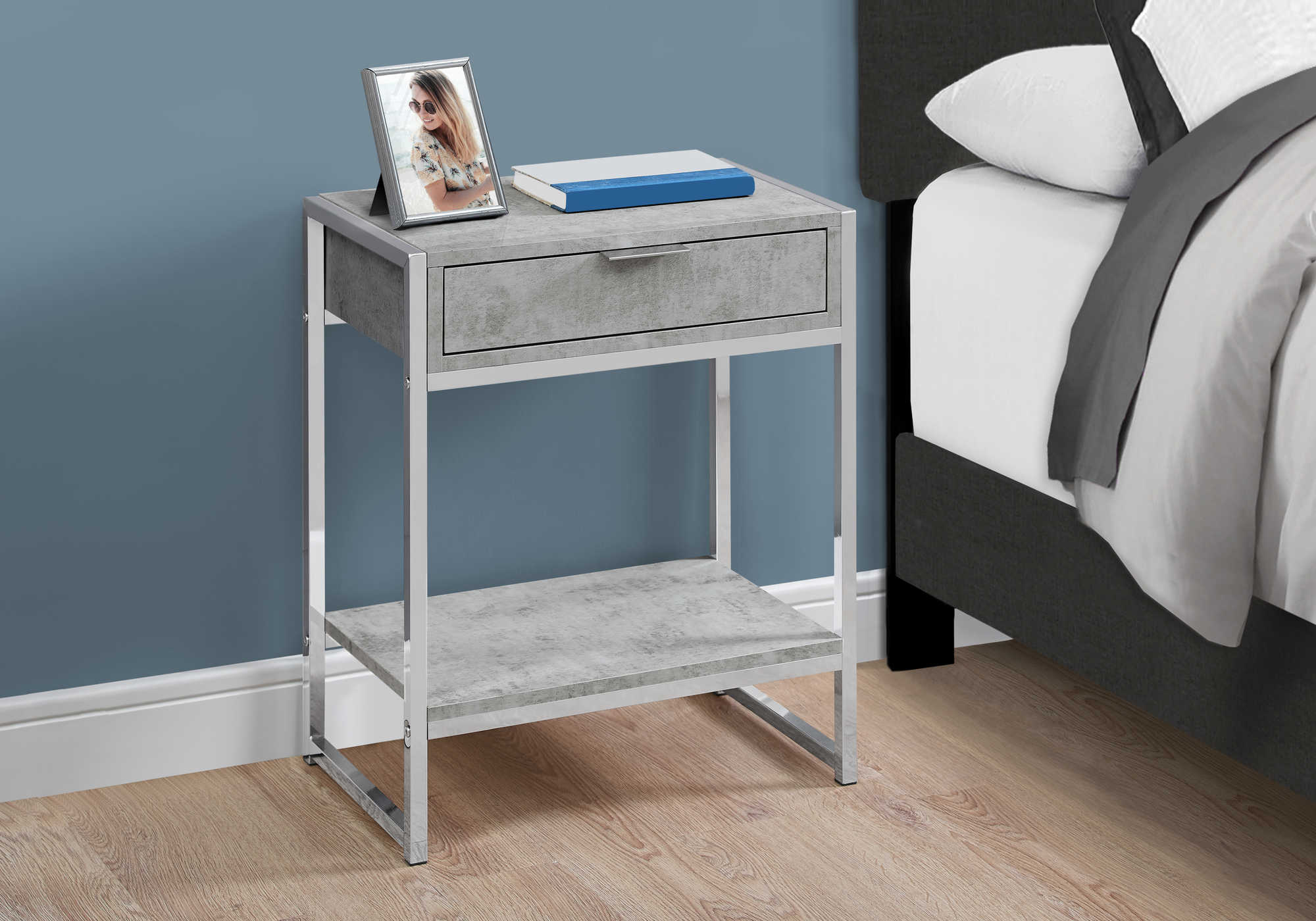 NIGHT STAND - 24"H / GREY CEMENT / CHROME METAL 