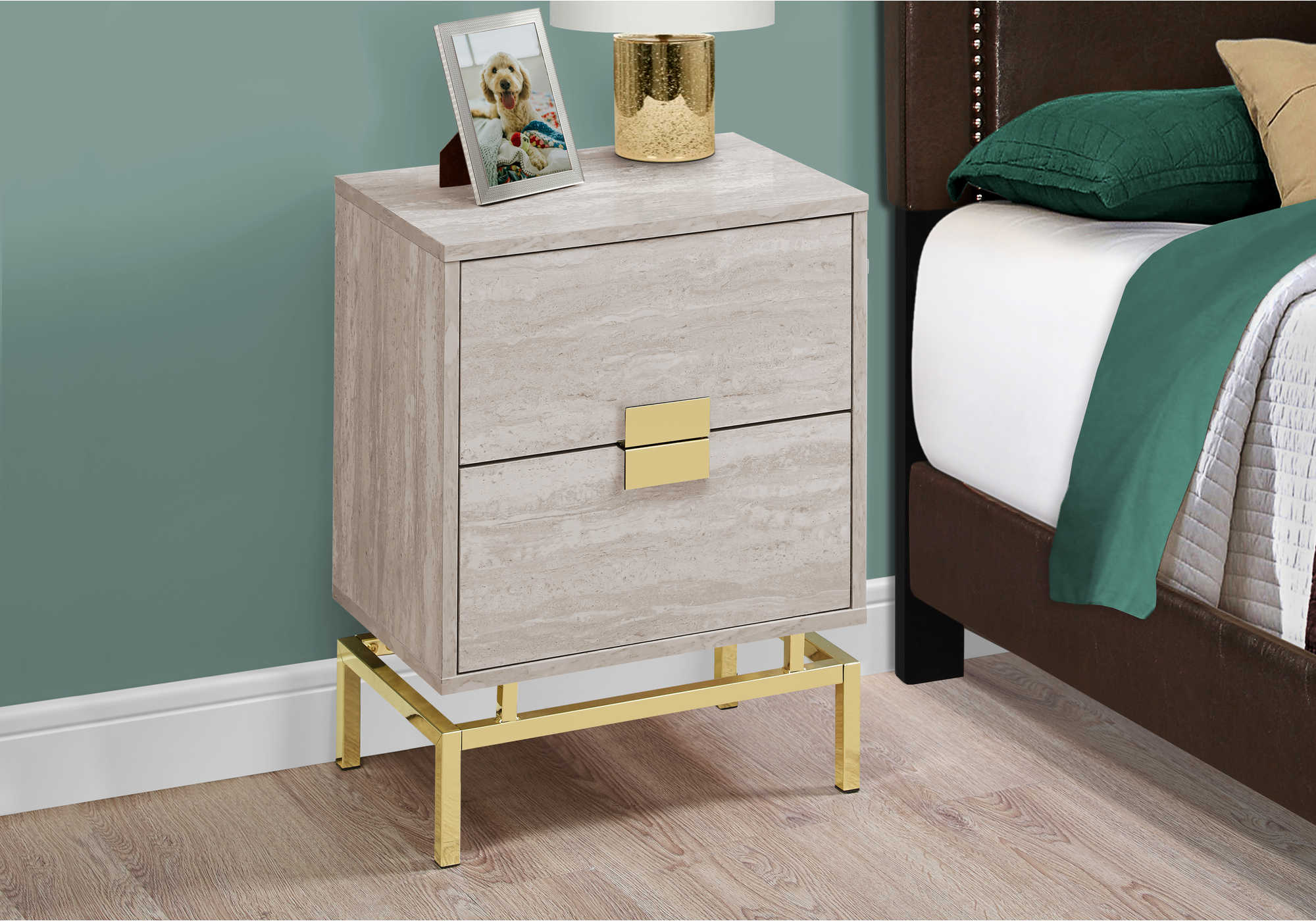NIGHT STAND - 24"H / BEIGE MARBLE / GOLD METAL
