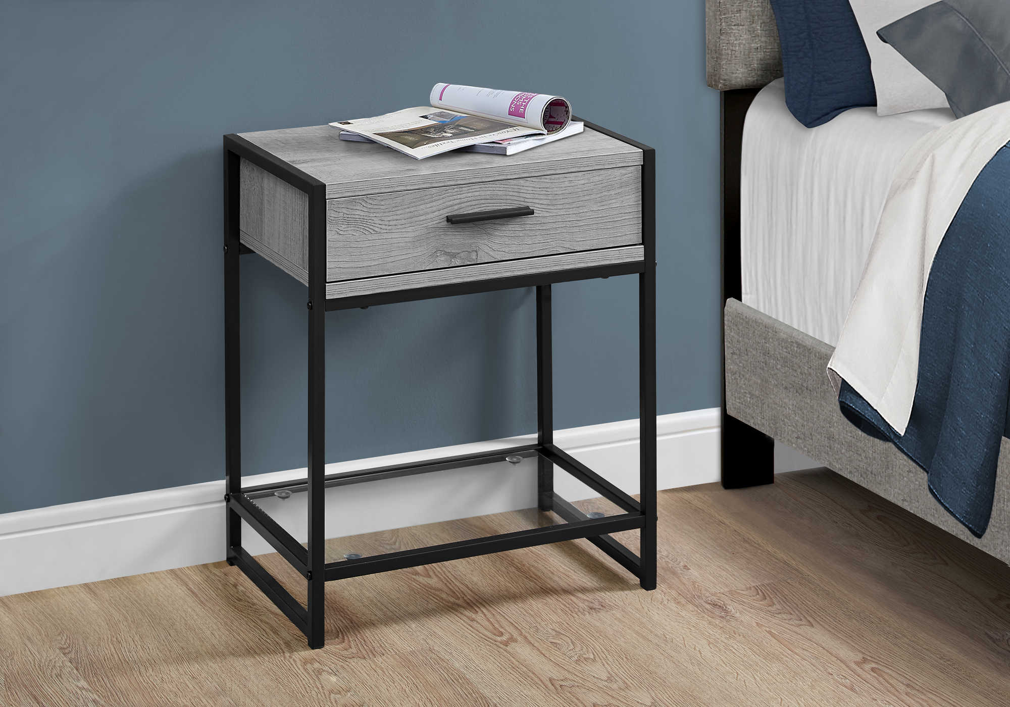 NIGHT STAND - 22"H / GREY / BLACK METAL / TEMPERED GLASS