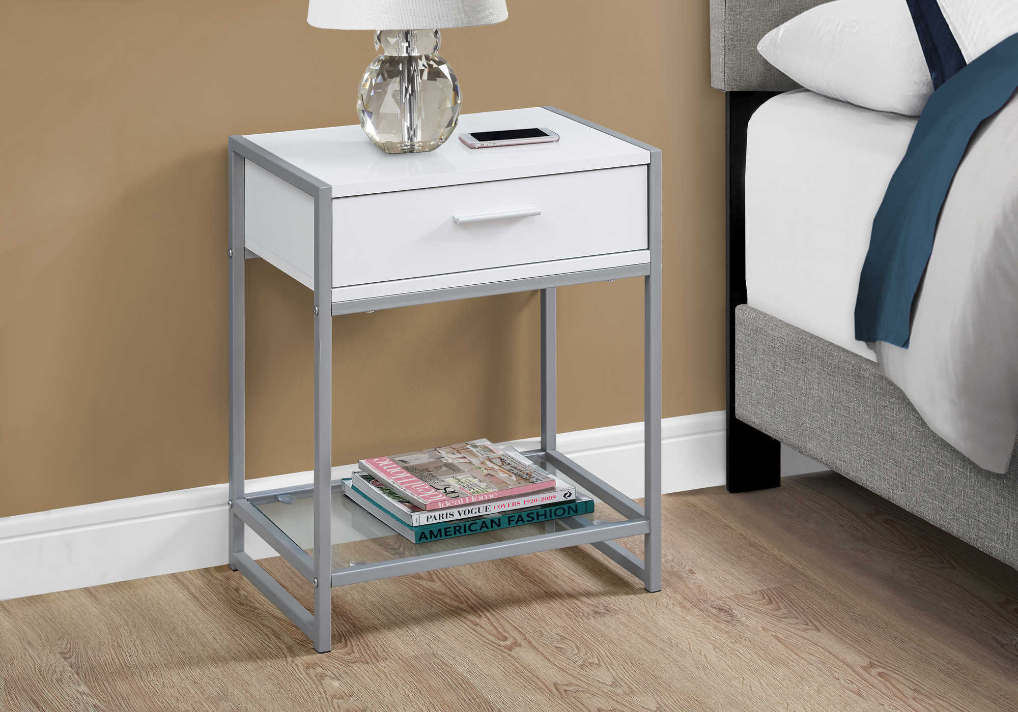 NIGHT STAND - 22"H / WHITE/ SILVER METAL/ TEMPERED GLASS