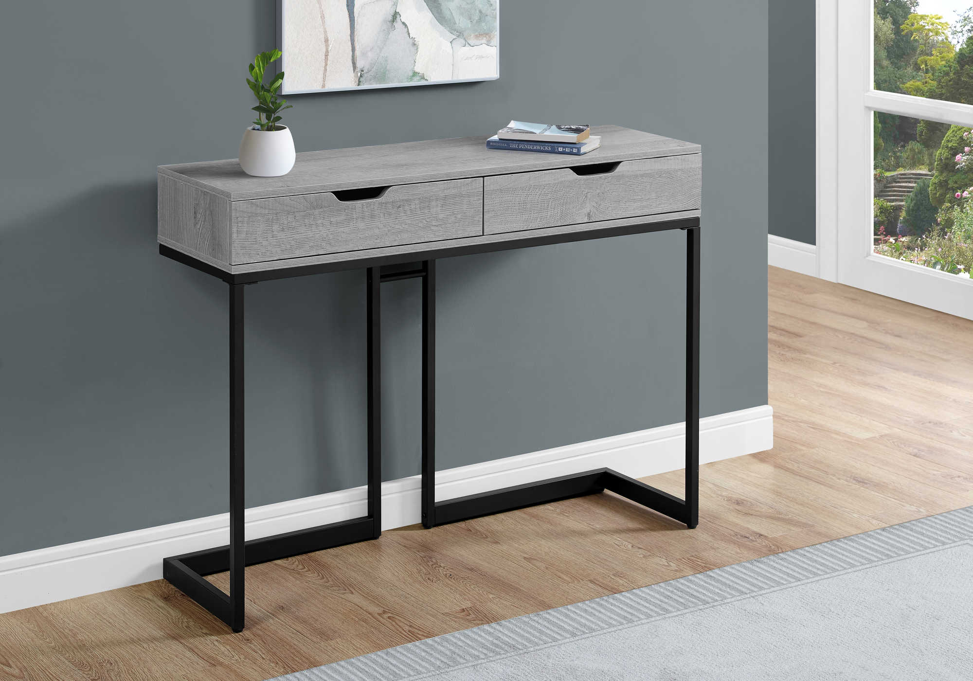 ACCENT TABLE - 42"L / GREY/ BLACK METAL HALL CONSOLE