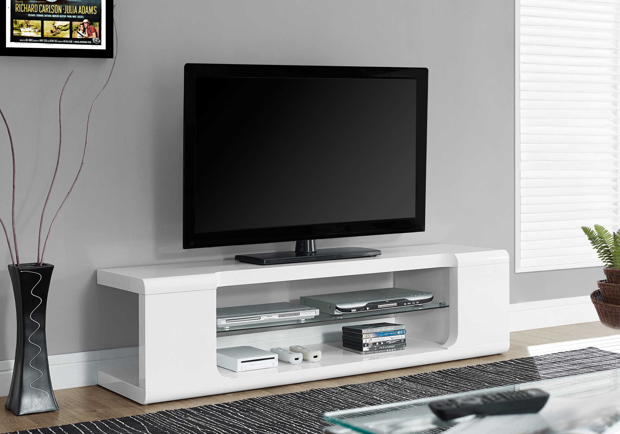 TV STAND - 60"L / HIGH GLOSSY WHITE WITH TEMPERED GLASS