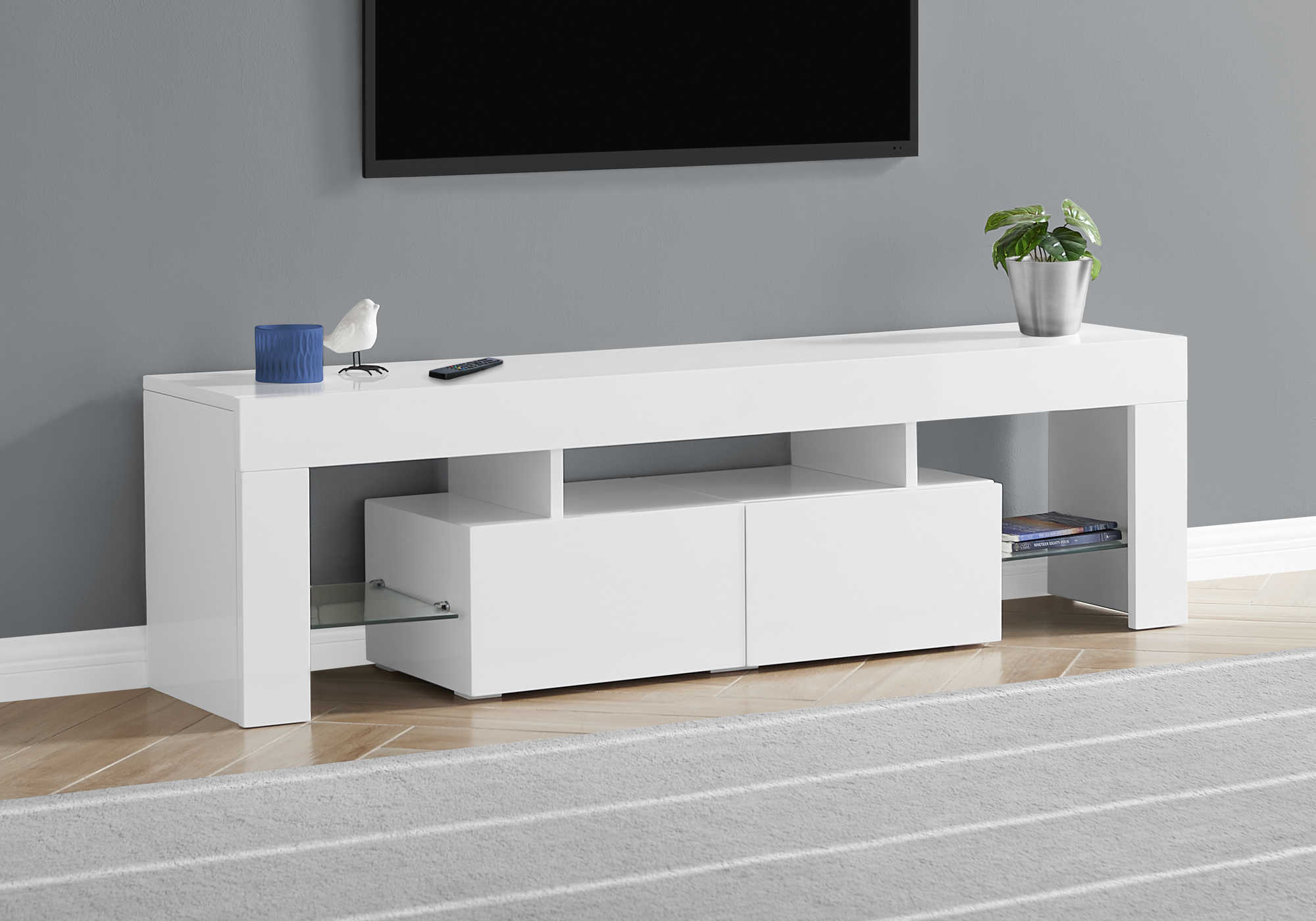 TV STAND - 63"L / HIGH GLOSSY WHITE WITH TEMPERED GLASS
