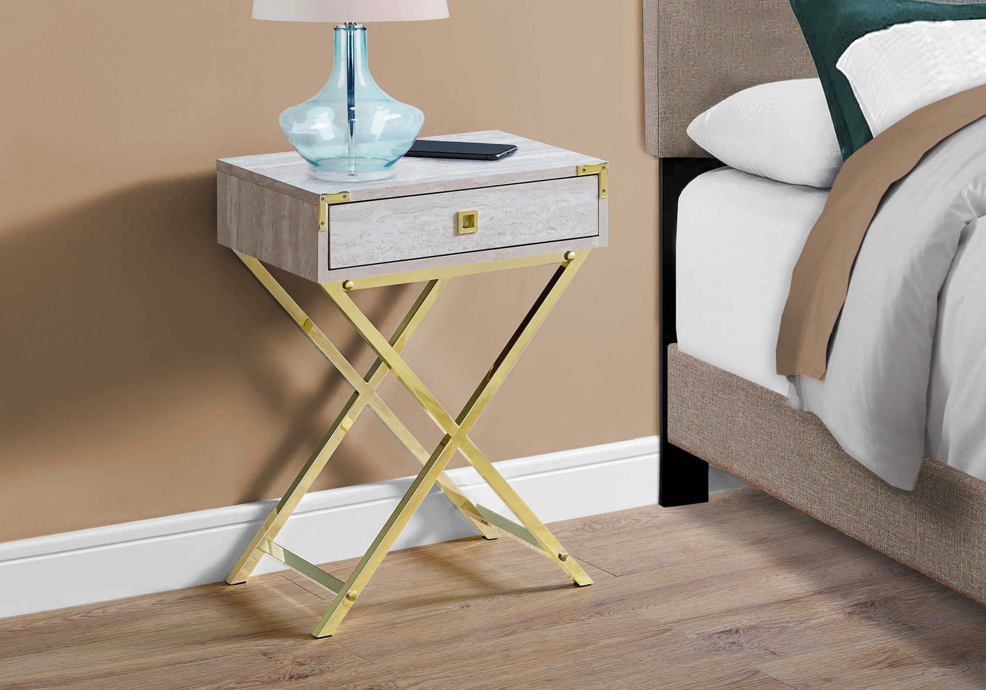 NIGHT STAND - 24"H / BEIGE MARBLE / GOLD METAL