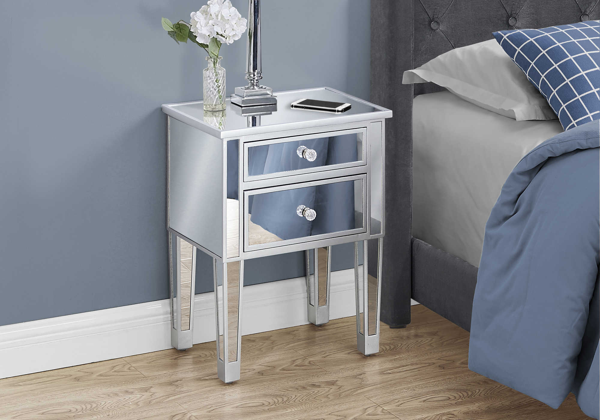 NIGHT STAND - 25"H / MIRROR / SILVER WITH STORAGE