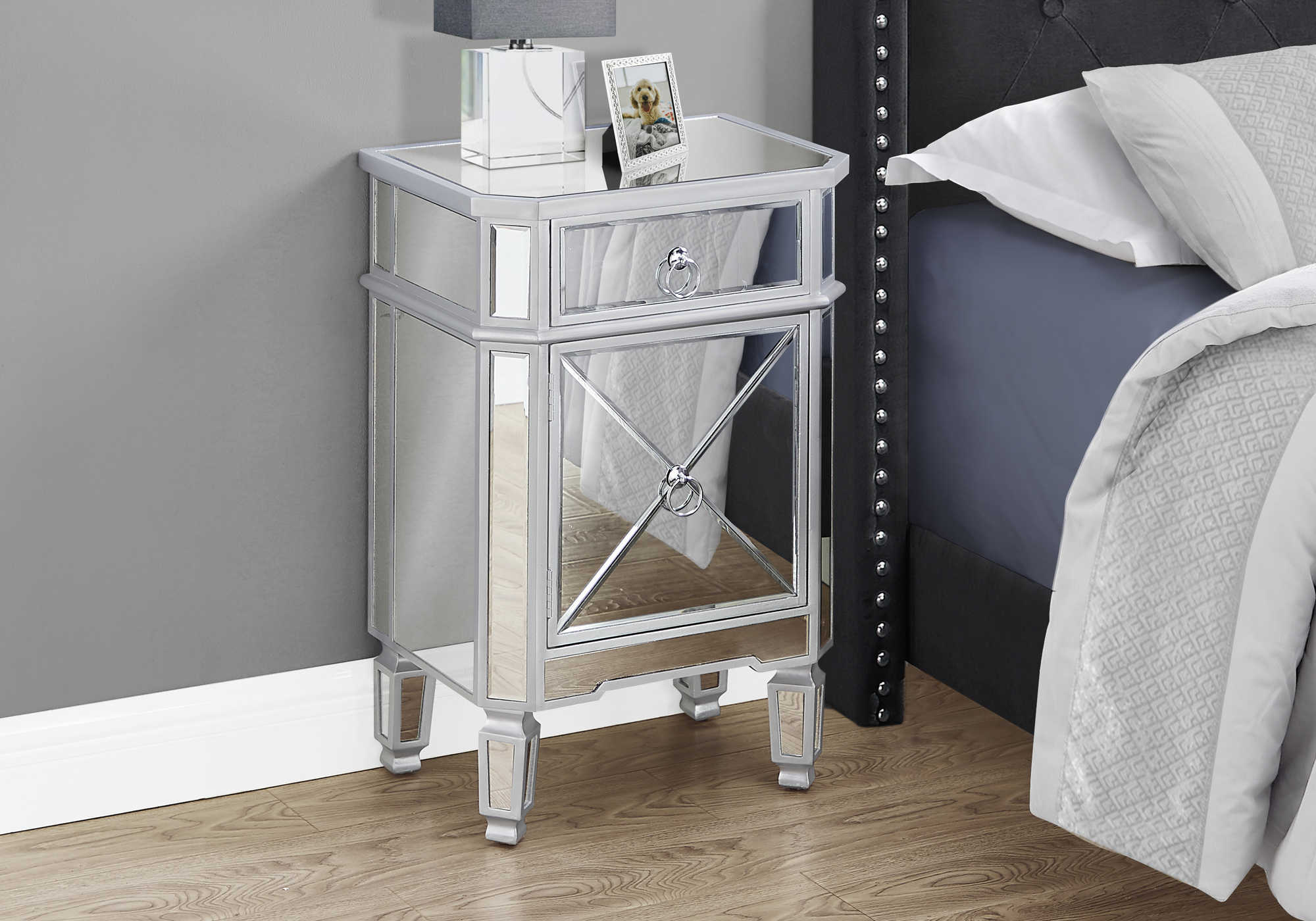 NIGHT STAND - 28"H / MIRROR / SILVER WITH STORAGE