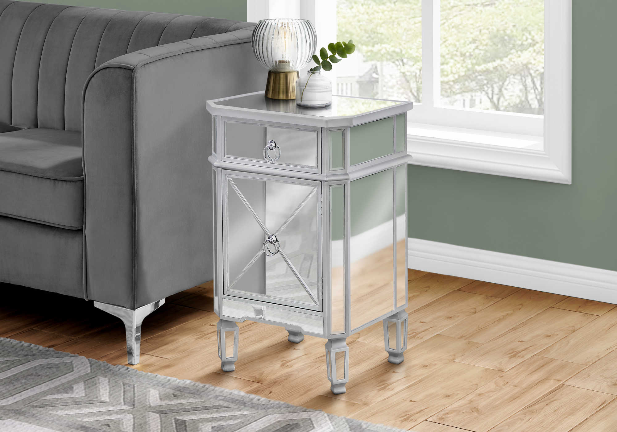 ACCENT TABLE - 28"H / MIRROR / SILVER WITH STORAGE
