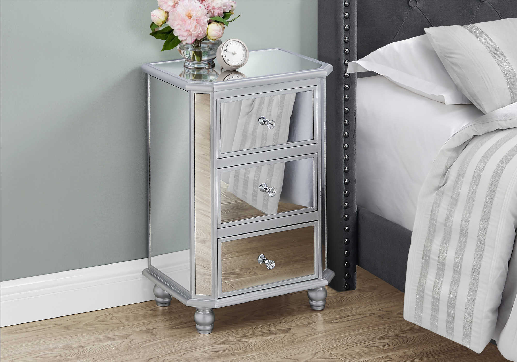 NIGHT STAND - 28"H / MIRROR / SILVER WITH STORAGE