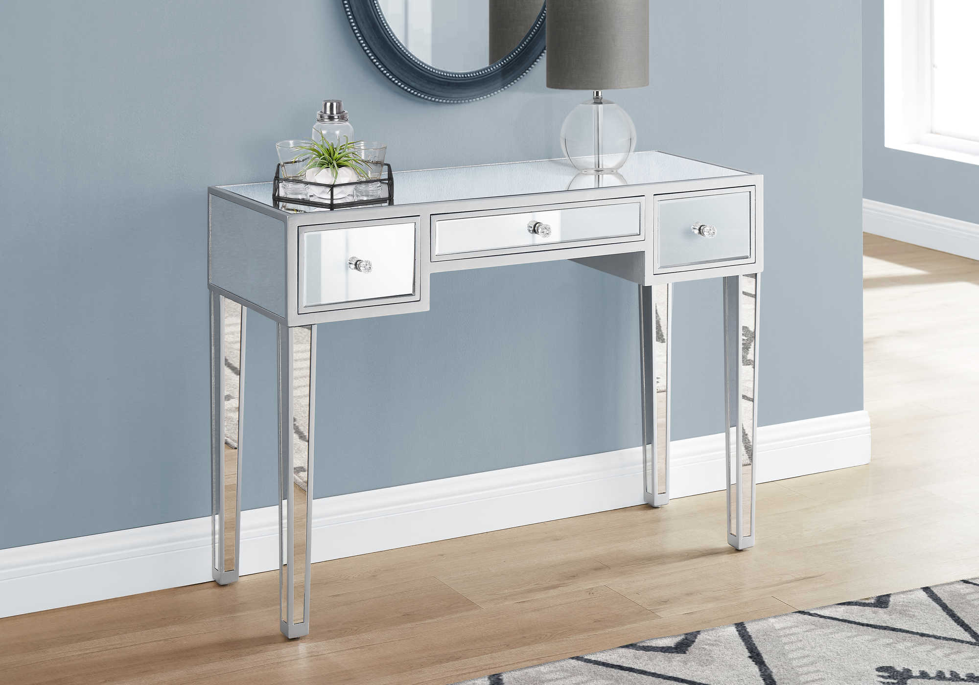 ACCENT TABLE - 42"L / MIRROR / SILVER WITH STORAGE