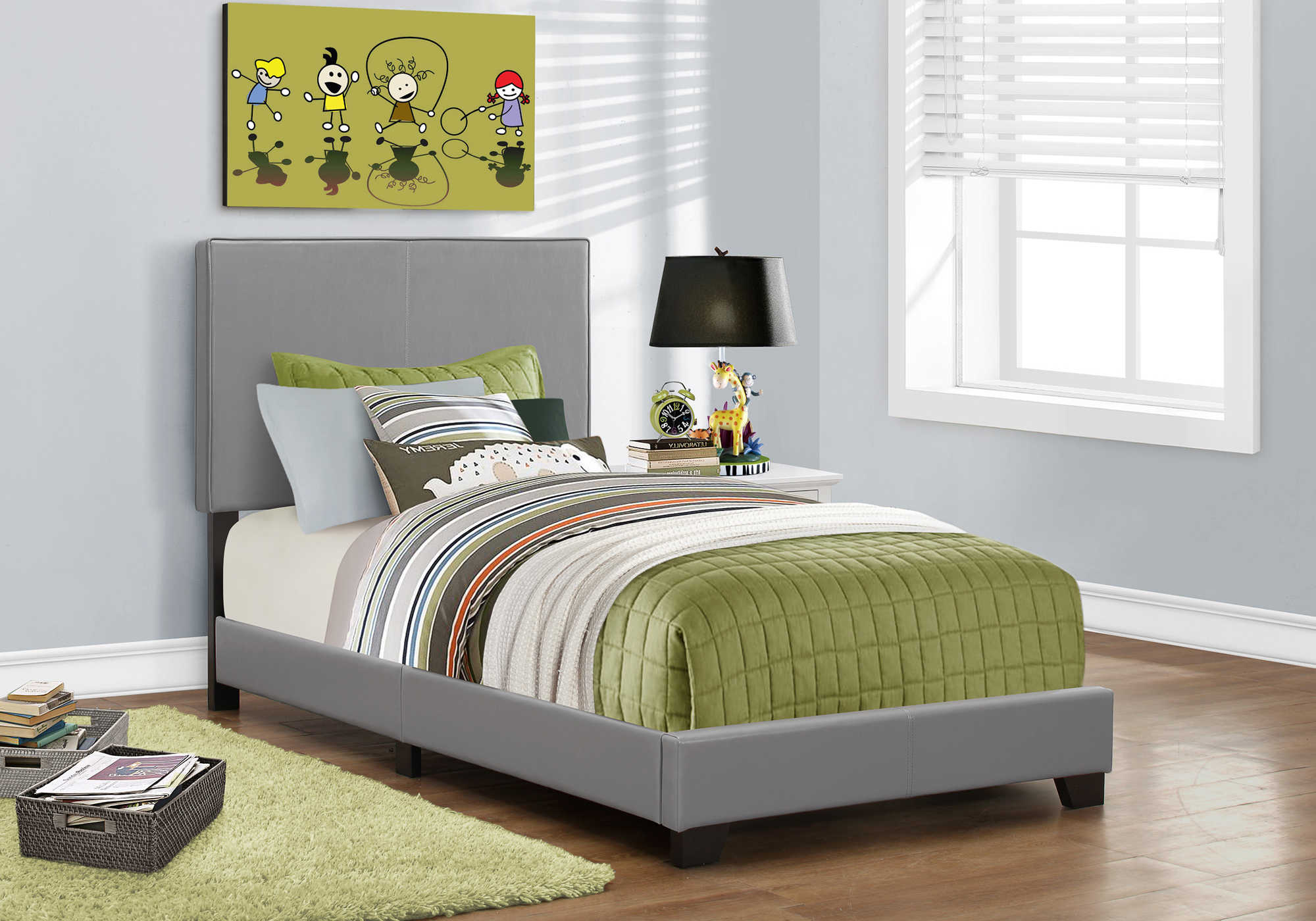 BED - TWIN SIZE / GREY LEATHER-LOOK 