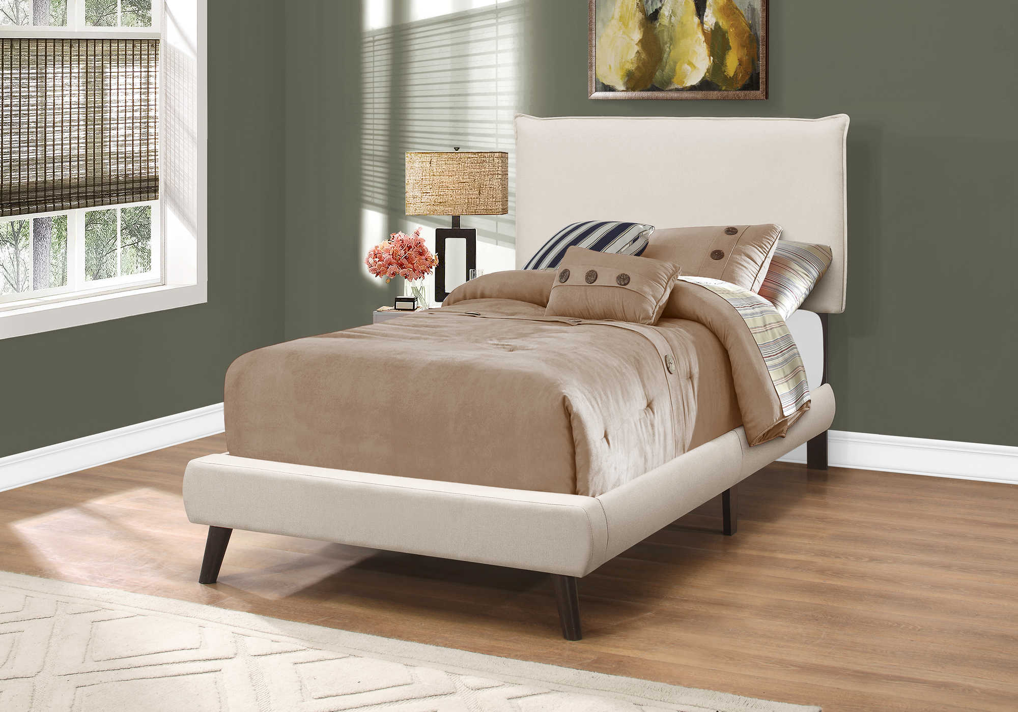 BED - TWIN SIZE / BEIGE LINEN WITH BROWN WOOD LEGS