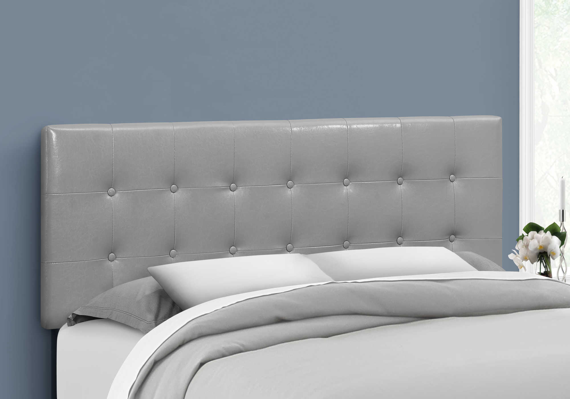 BED - QUEEN SIZE / GREY LEATHER-LOOK HEADBOARD ONLY