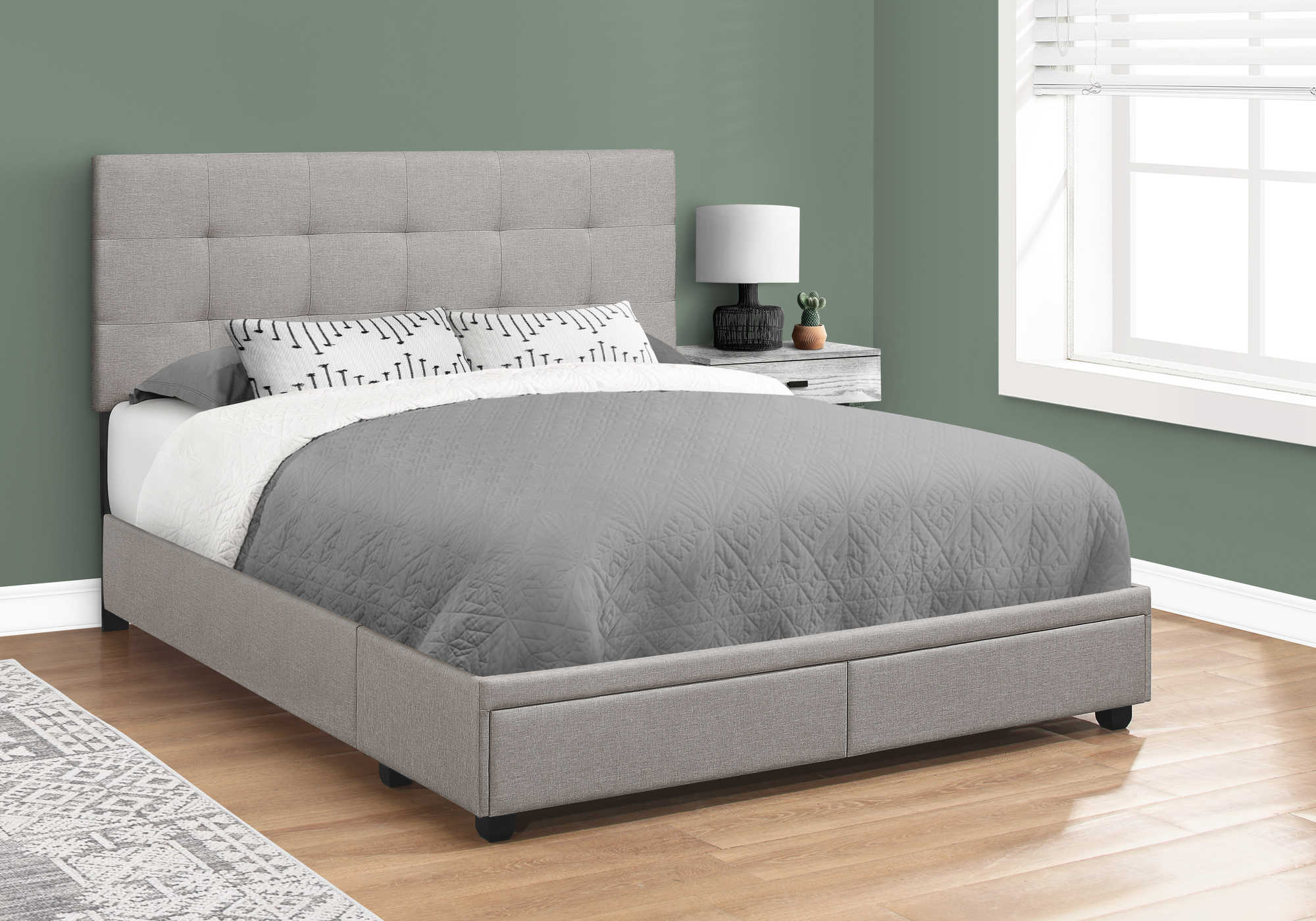 BED - QUEEN SIZE / GREY LINEN WITH 2 STORAGE DRAWERS