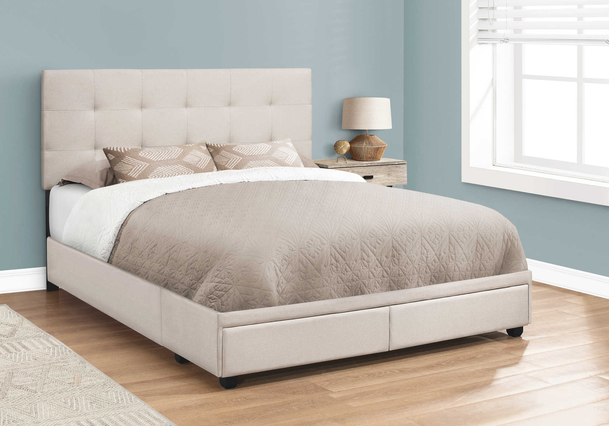 BED - QUEEN SIZE / BEIGE LINEN WITH 2 STORAGE DRAWERS
