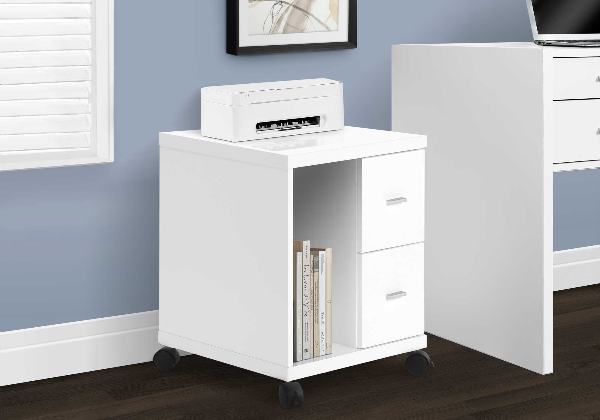 OFFICE CABINET - WHITE WITH 2 DRAWERS ON CASTORS