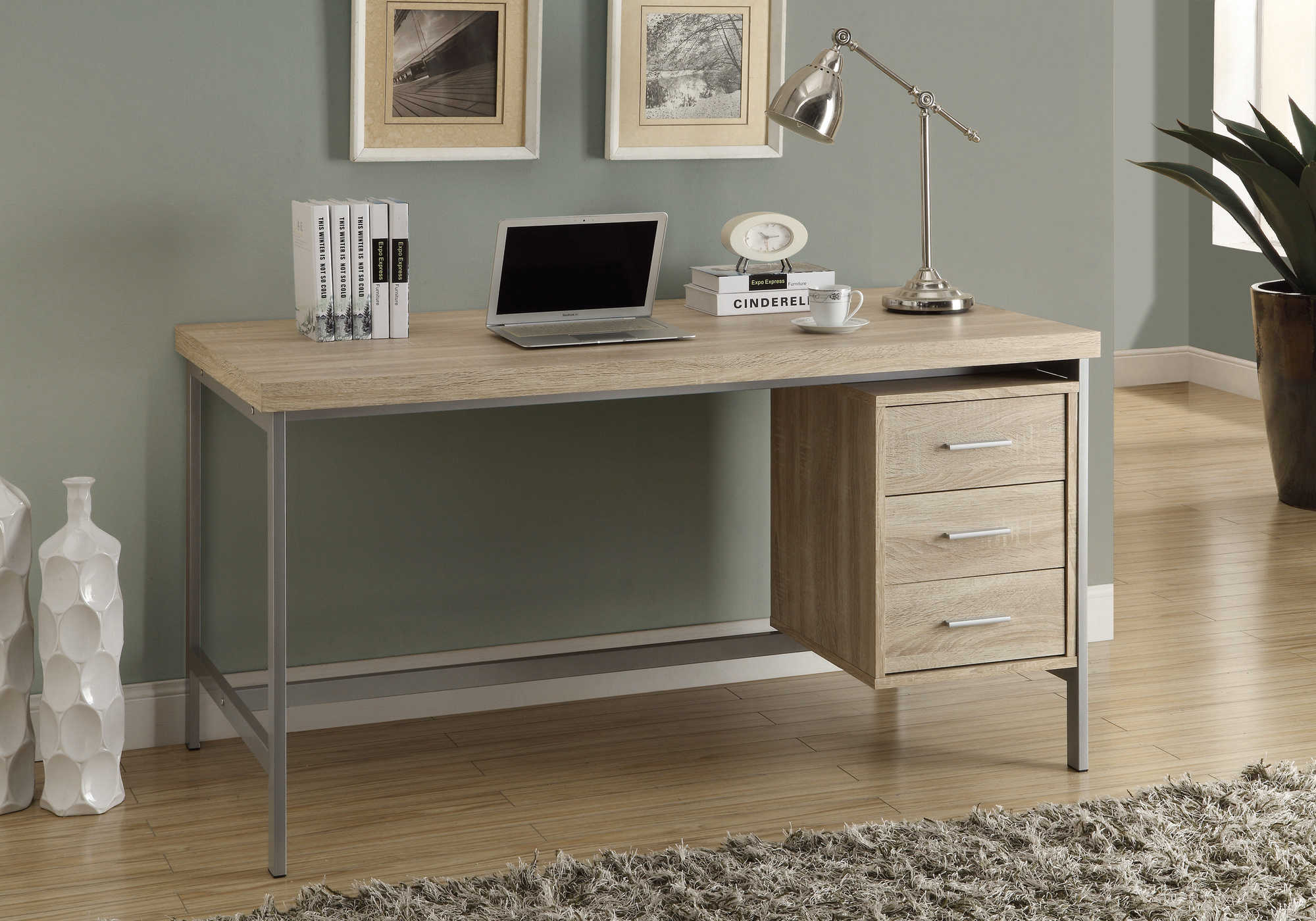COMPUTER DESK - 60"L / NATURAL WITH SILVER METAL 