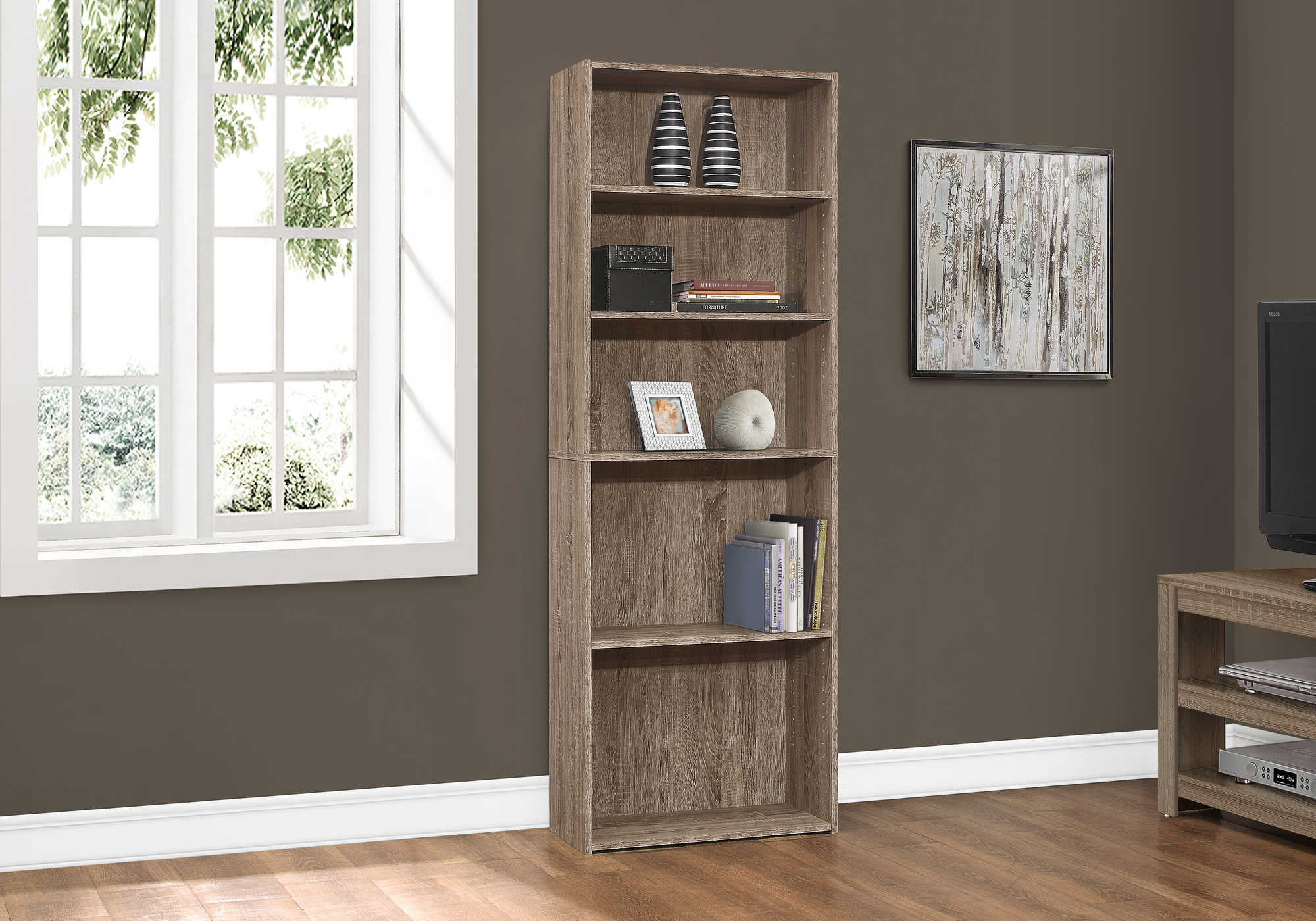 BOOKCASE - 72"H / DARK TAUPE WITH 5 SHELVES