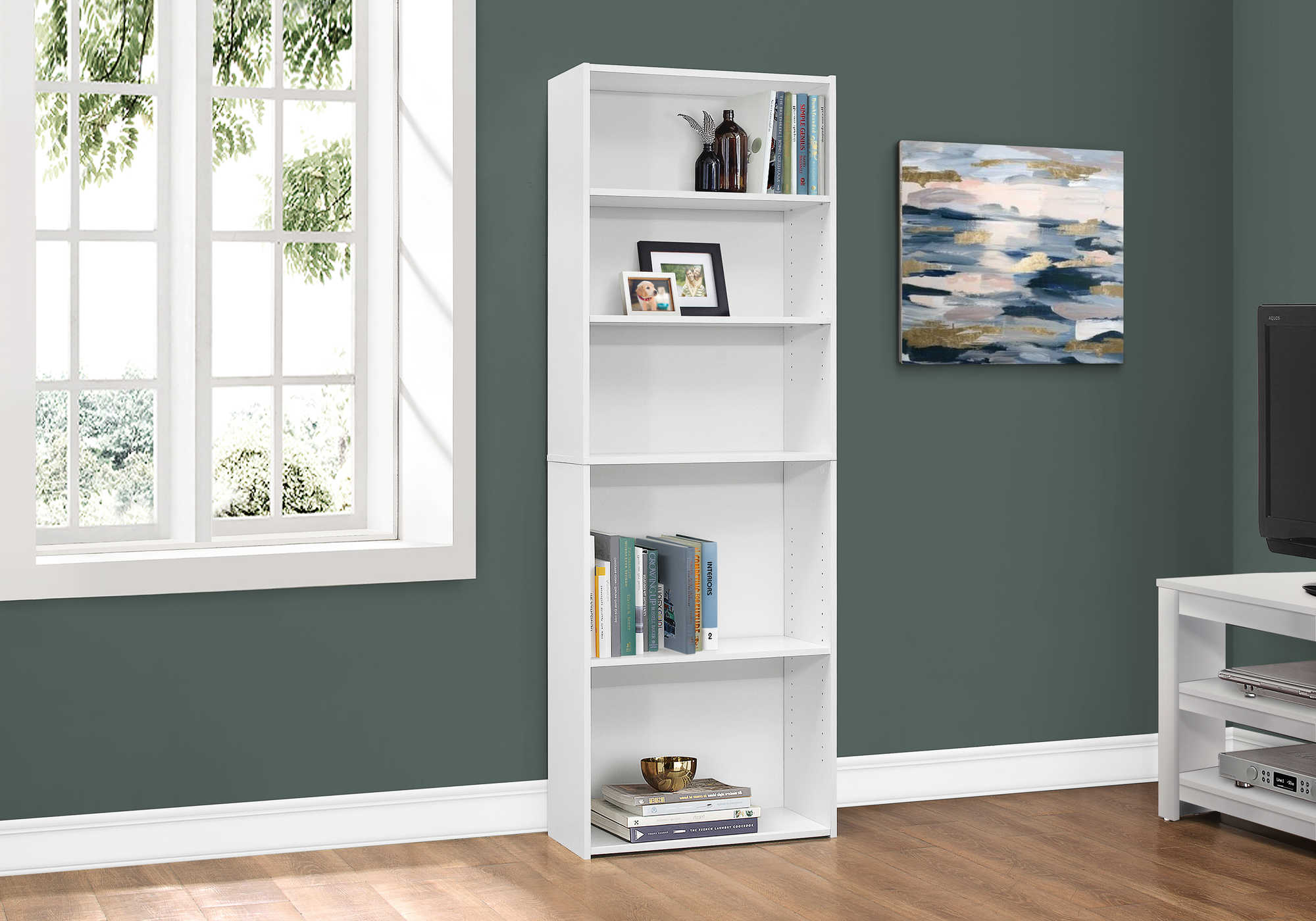 BOOKCASE - 72"H / WHITE WITH 5 SHELVES