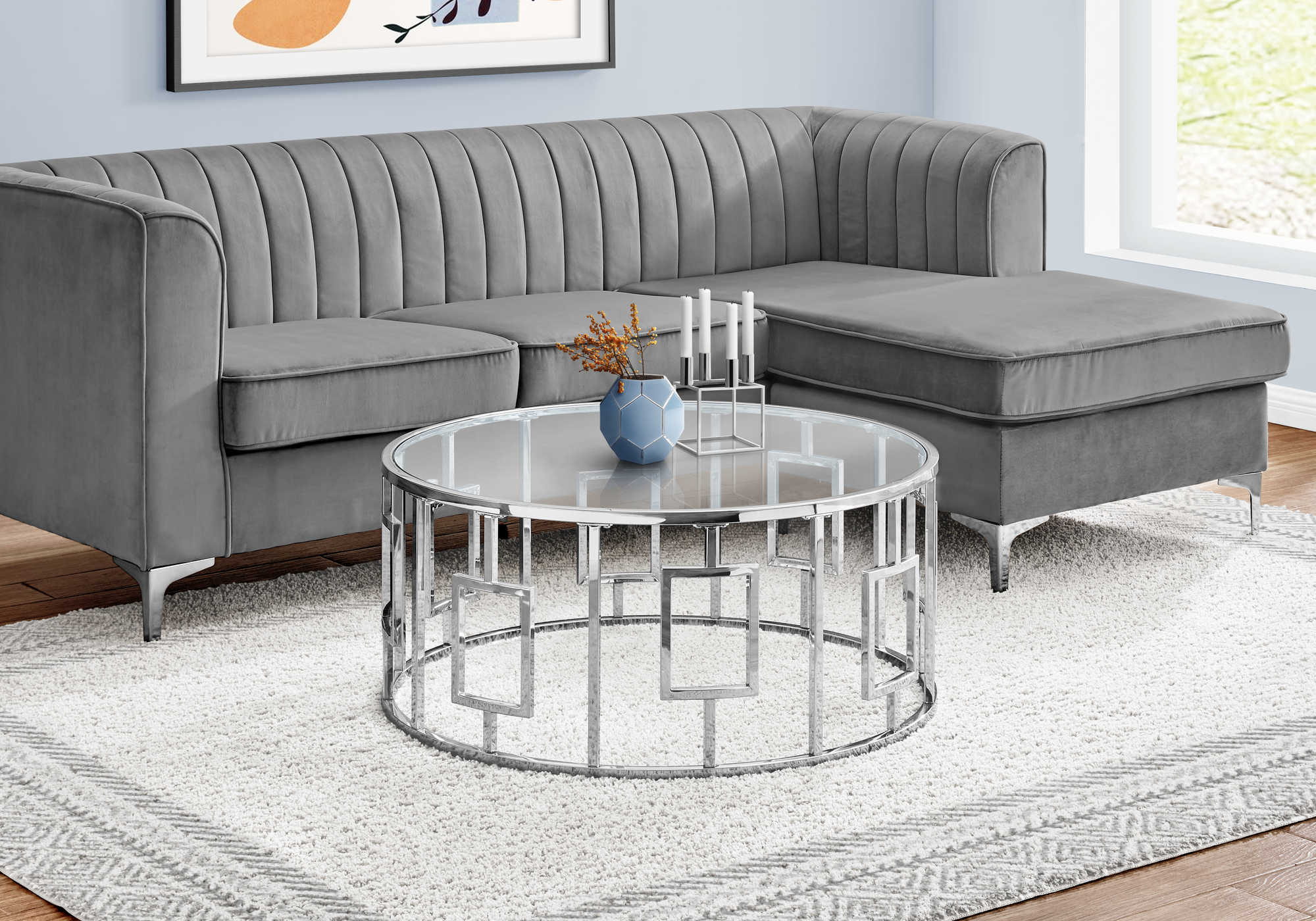 COFFEE TABLE - 36"DIA / CHROME METAL WITH TEMPERED GLASS