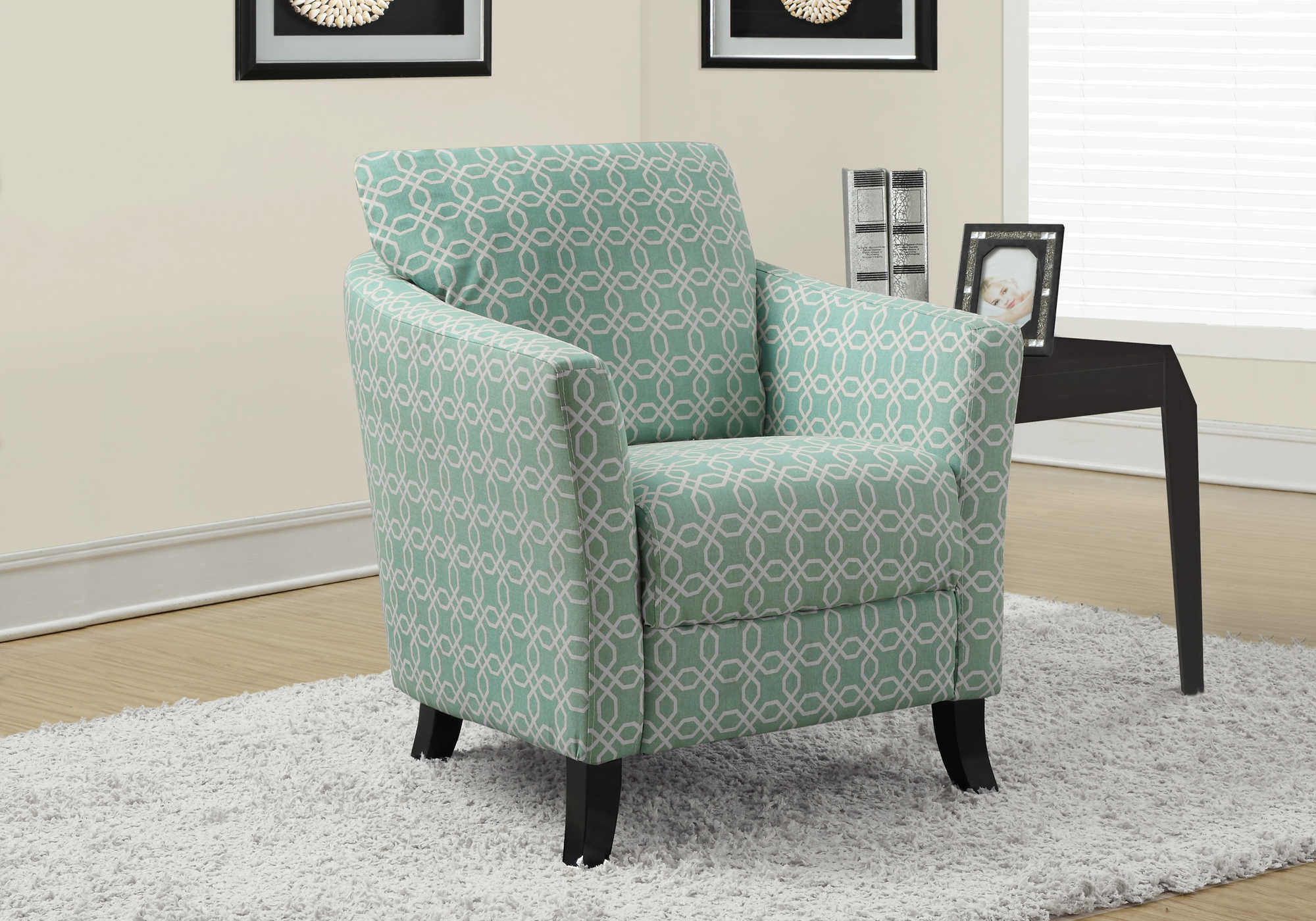 ACCENT CHAIR - FADED GREEN " ANGLED KALEIDOSCOPE " FABRIC