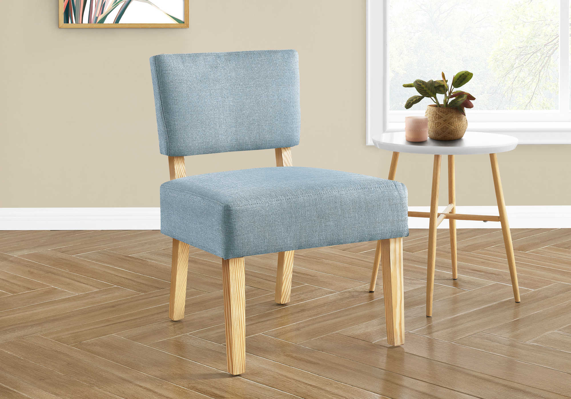 ACCENT CHAIR - LIGHT BLUE FABRIC / NATURAL WOOD LEGS