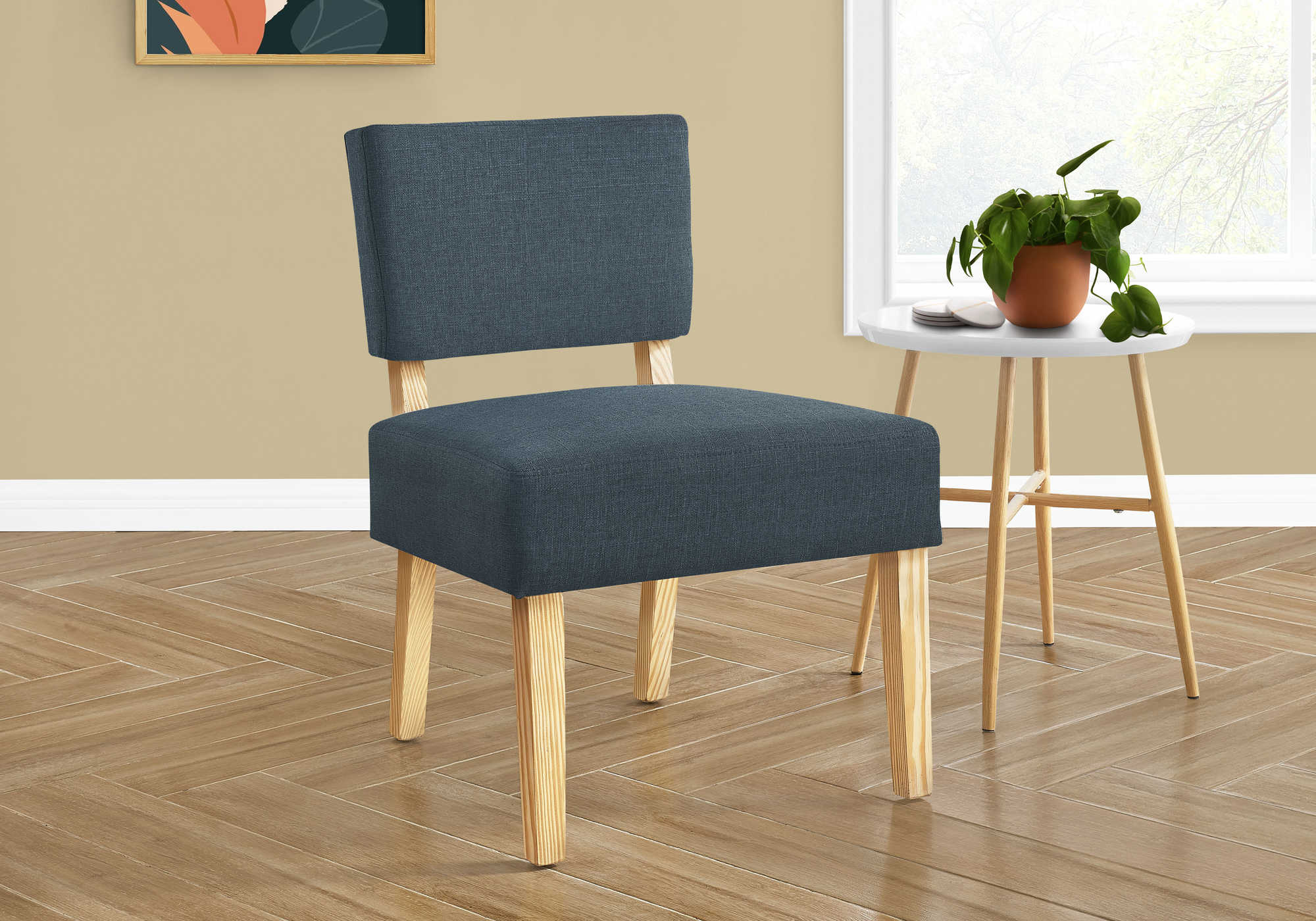 ACCENT CHAIR - BLUE FABRIC / NATURAL WOOD LEGS