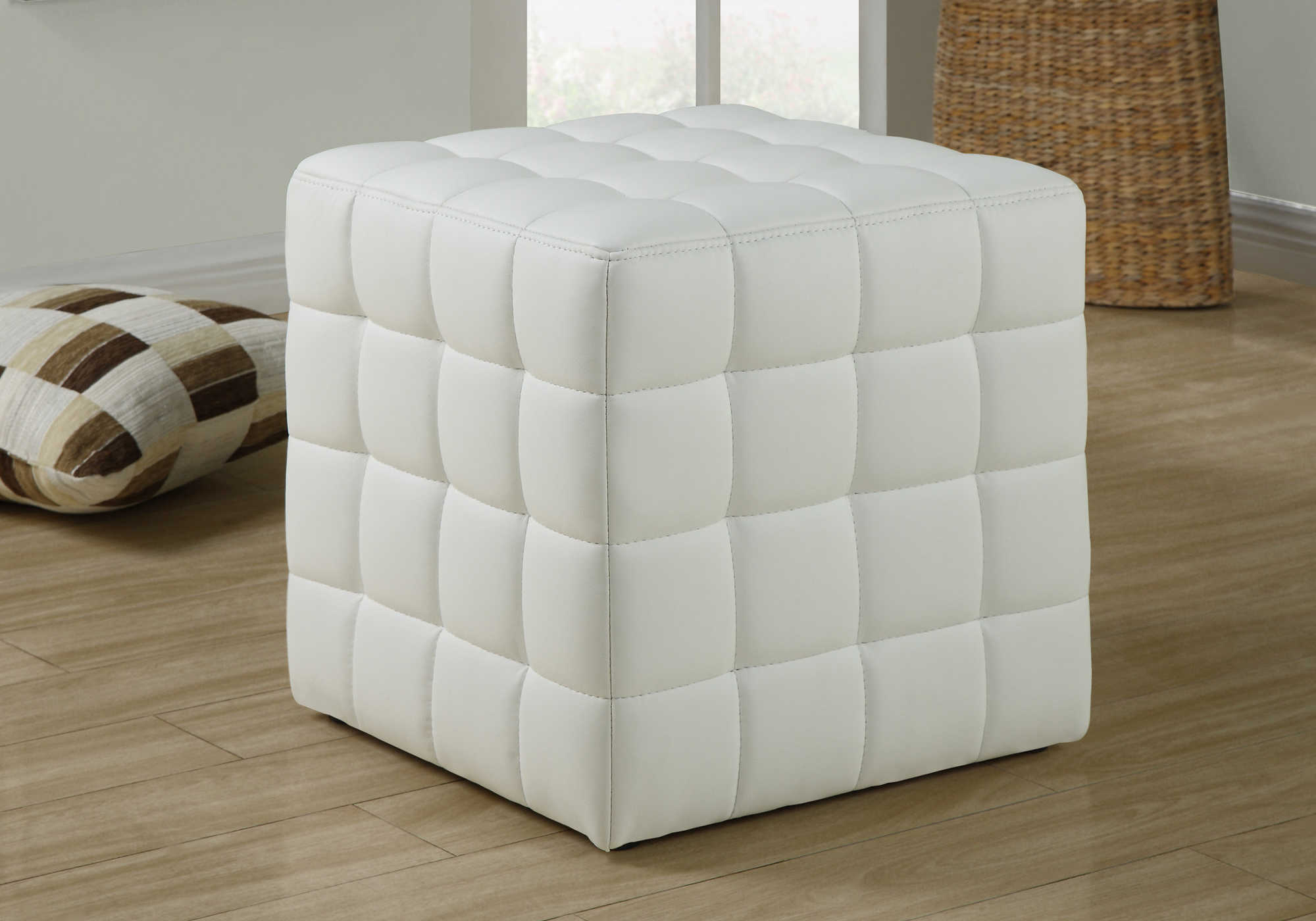 OTTOMAN - WHITE LEATHER-LOOK FABRIC