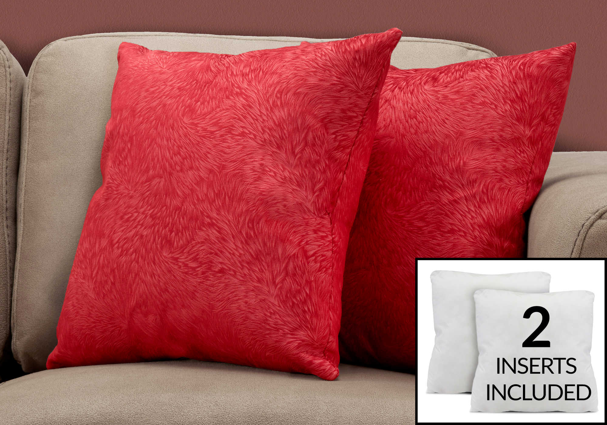 PILLOW - 18"X 18" / RED FEATHERED VELVET / 2PCS